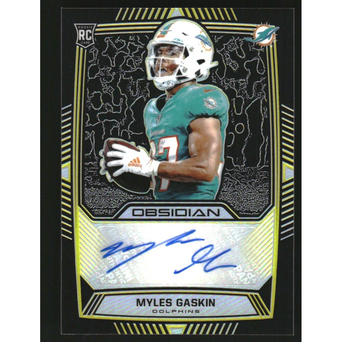 2019 Panini Obsidian Rookie Autographs Electric Etch Yellow #86 Myles Gaskin/25. rookie card picture
