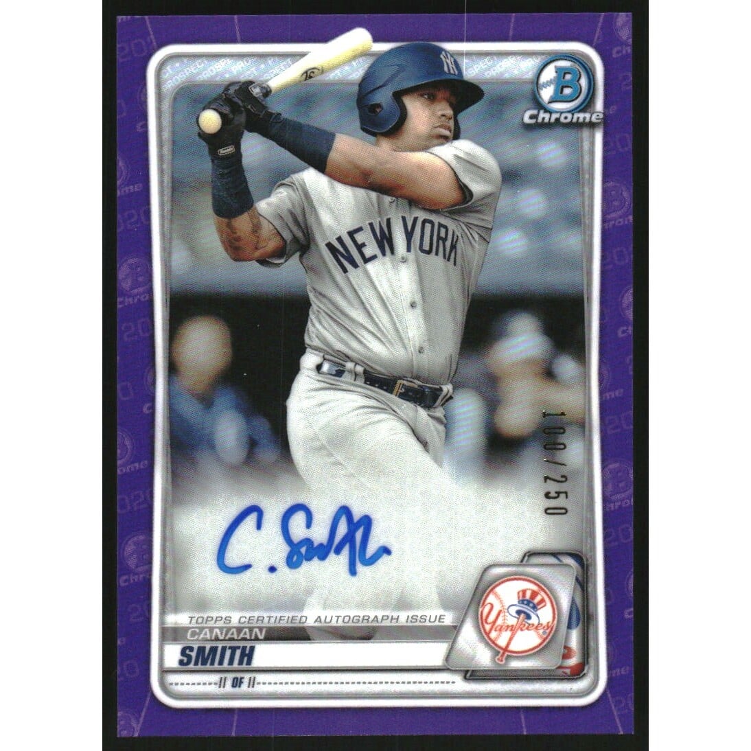 2020 Bowman Chrome Prospect Autographs Purple Refractors #CPACS Canaan Smith. rookie card picture