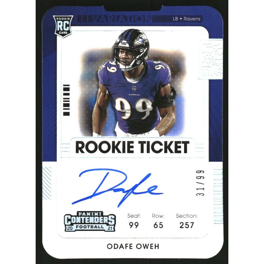 2021 Panini Contenders Rookie Ticket Stub #159B Odafe Oweh AU VAR/99. rookie card picture