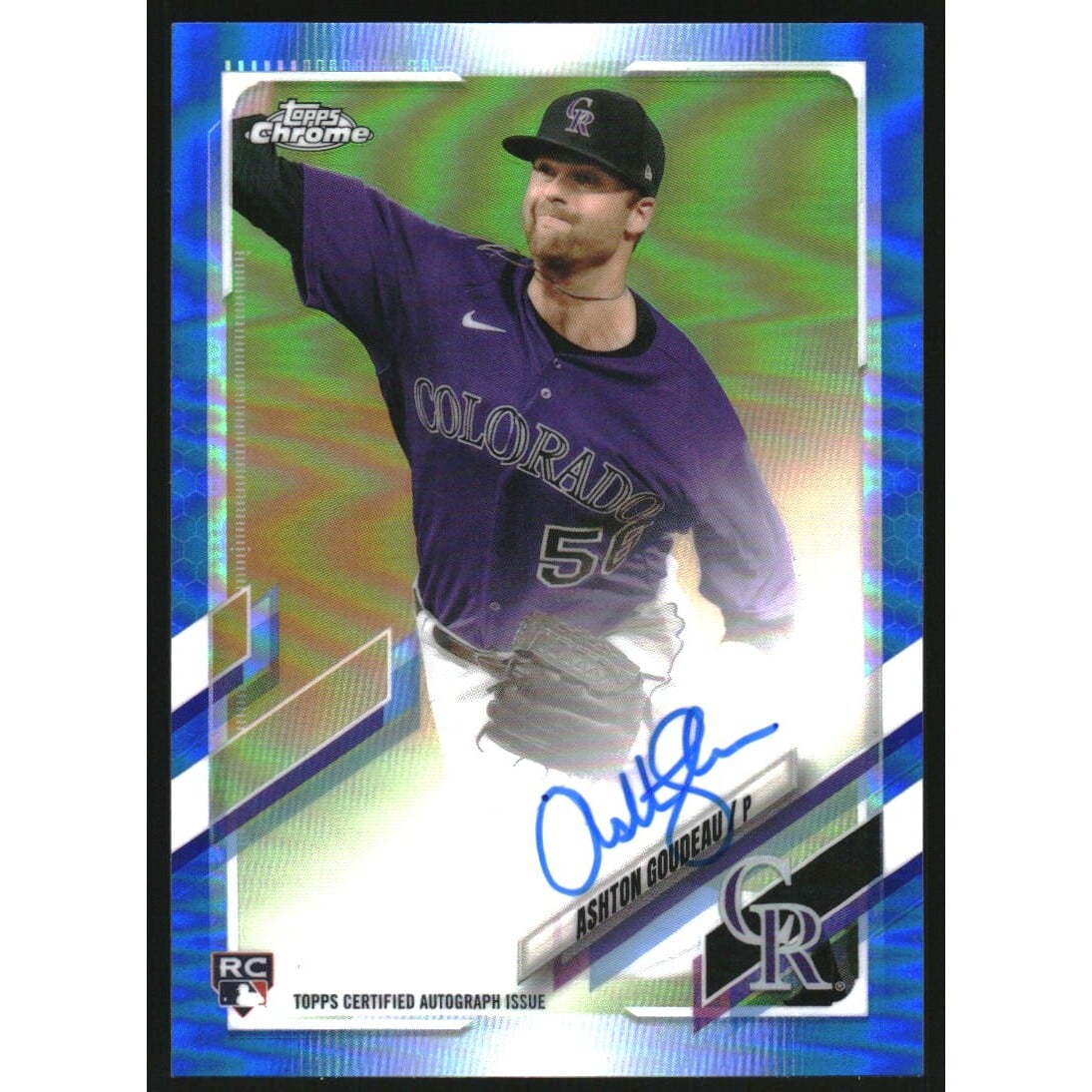 2021 Topps Chrome Rookie Autographs Blue Refractors #RAAGO Ashton Goudeau. rookie card picture
