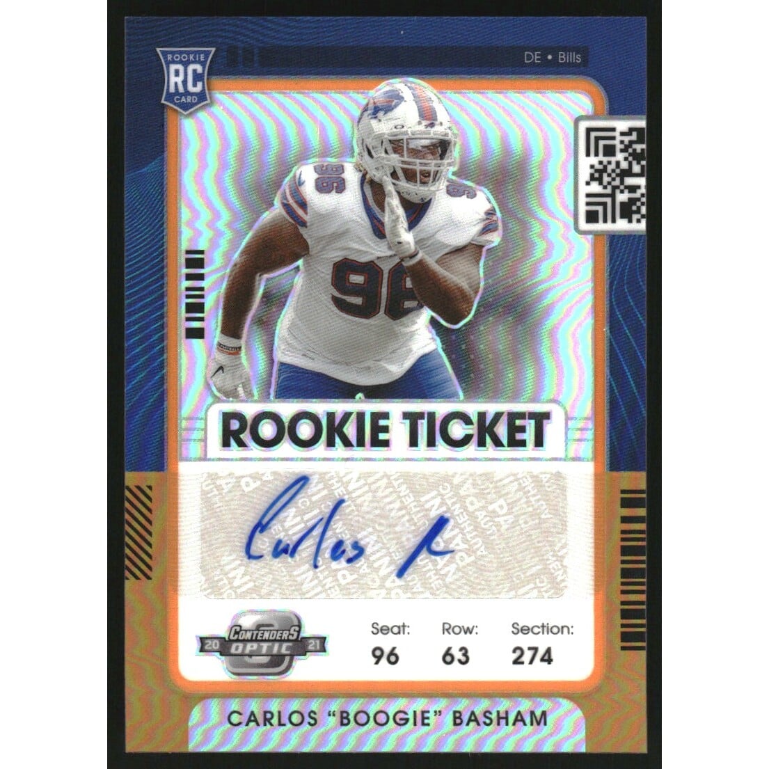 2021 Panini Contenders Optic Orange #169 Carlos Basham AU. rookie card picture