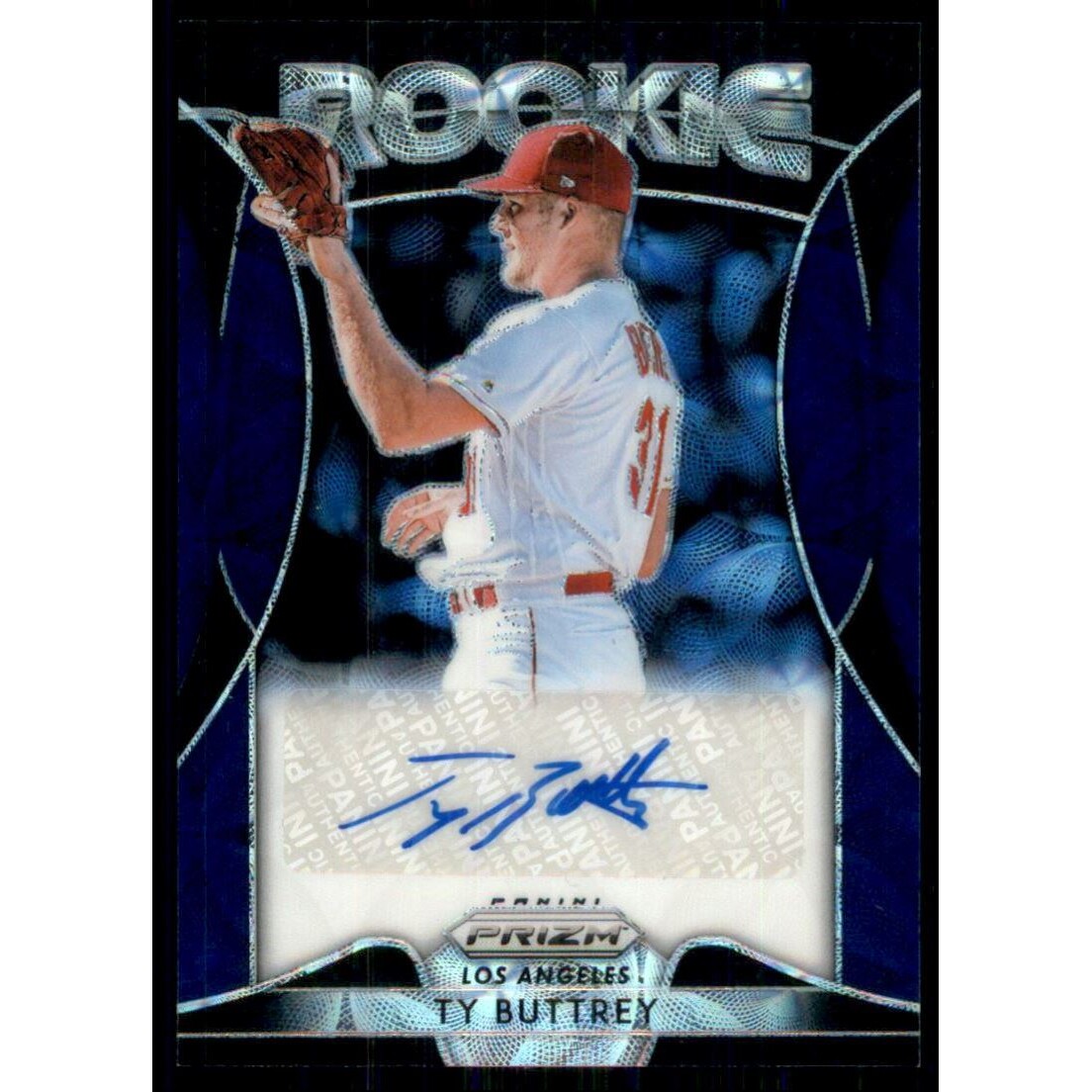 2019 Panini Prizm Rookie Autographs Prizms Navy Blue Kaleidoscope #92 Ty Buttrey/35. rookie card picture