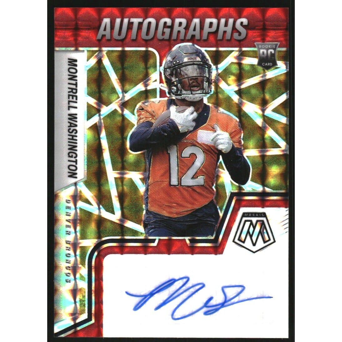 2022 Panini Mosaic Rookie Autographs Mosaic Choice Fusion Red and Yellow #88 Montrell Washington. rookie card picture