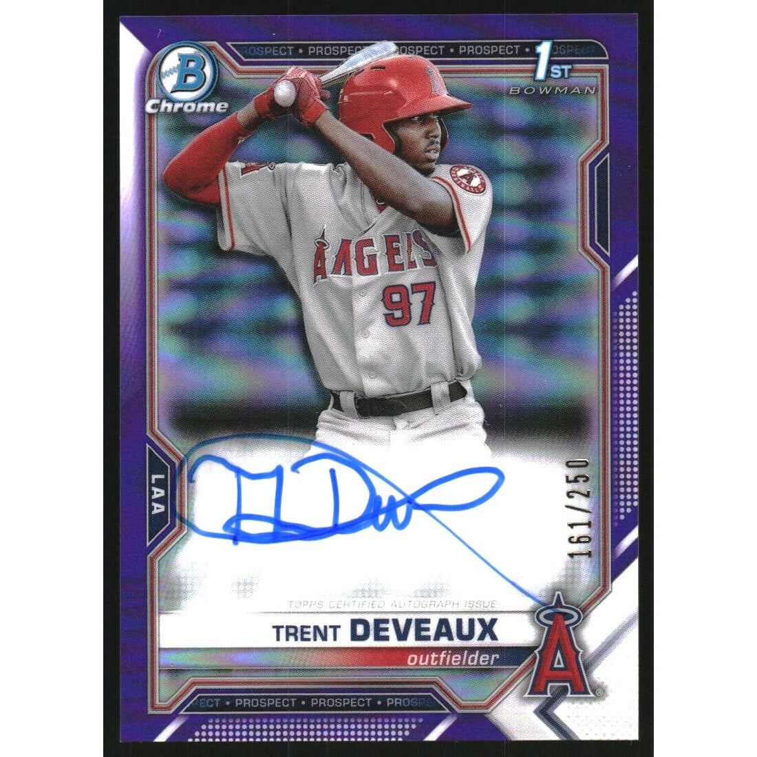 2021 Bowman Chrome Prospect Autographs Purple Refractors #CPATD Trent Deveaux. rookie card picture
