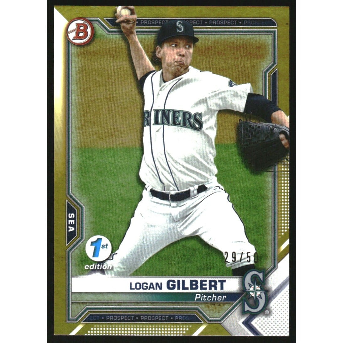 2021 Bowman 1st Edition Gold Foil #BFE58 Logan Gilbert. rookie card picture