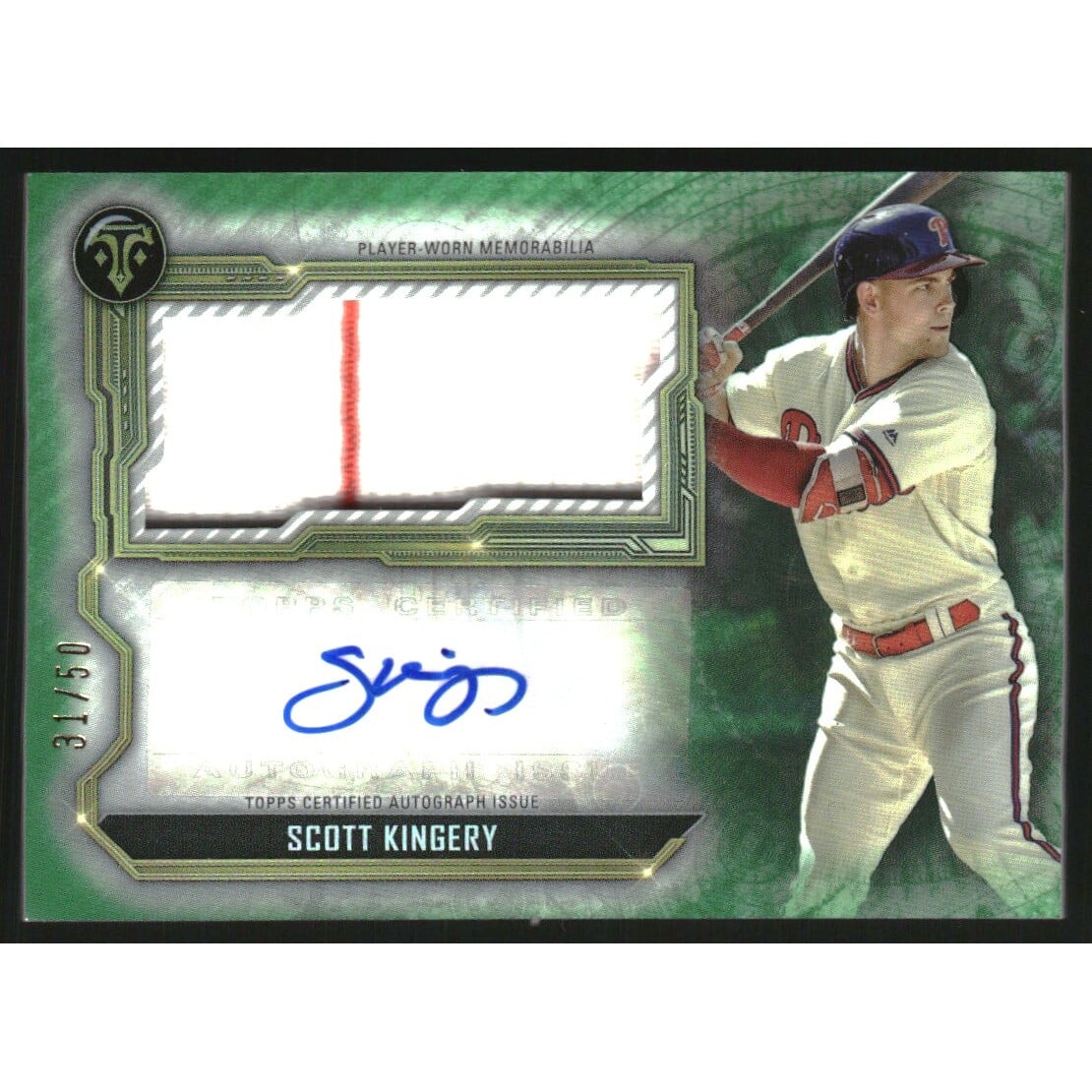 2020 Topps Triple Threads Single Jumbo Relic Autographs Emerald #ASJRSK Scott Kingery. rookie card picture