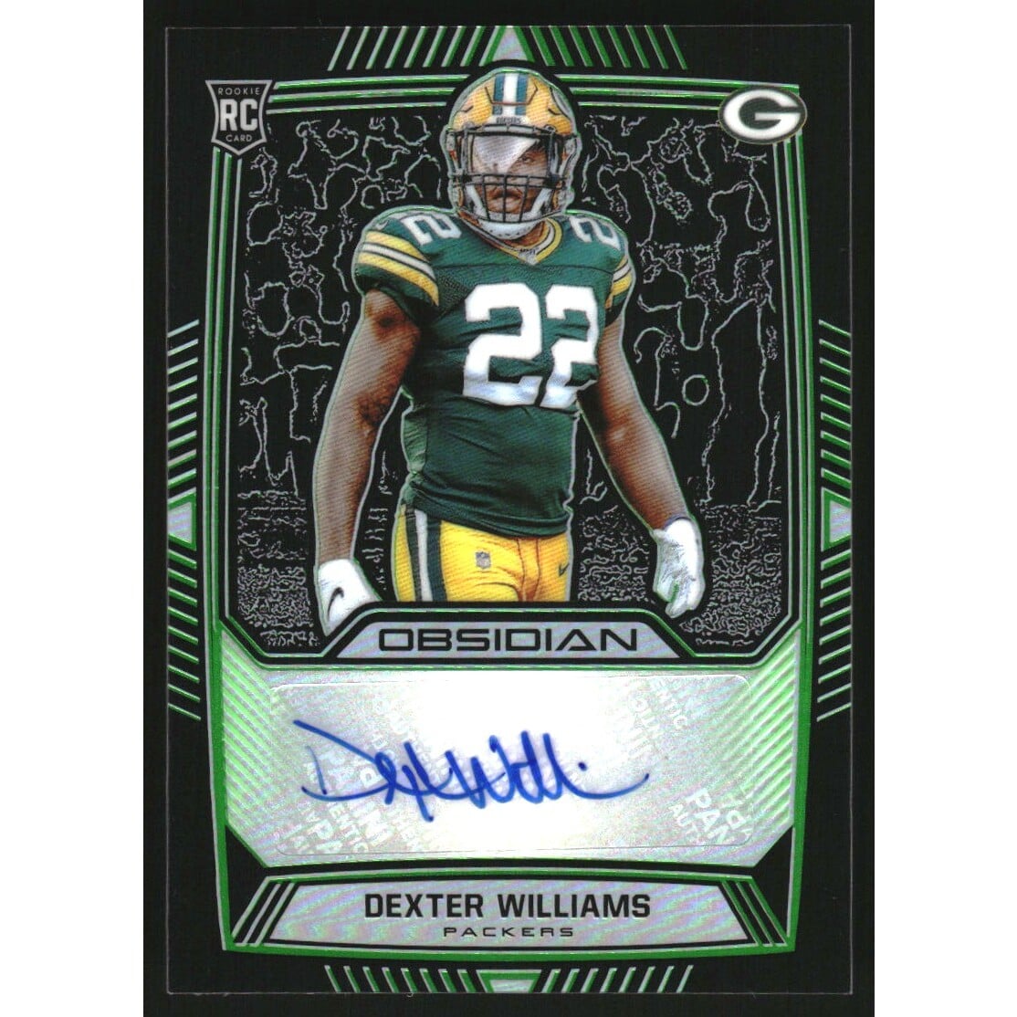 2019 Panini Obsidian Rookie Autographs Electric Etch Green #58 Dexter Williams/50. rookie card picture