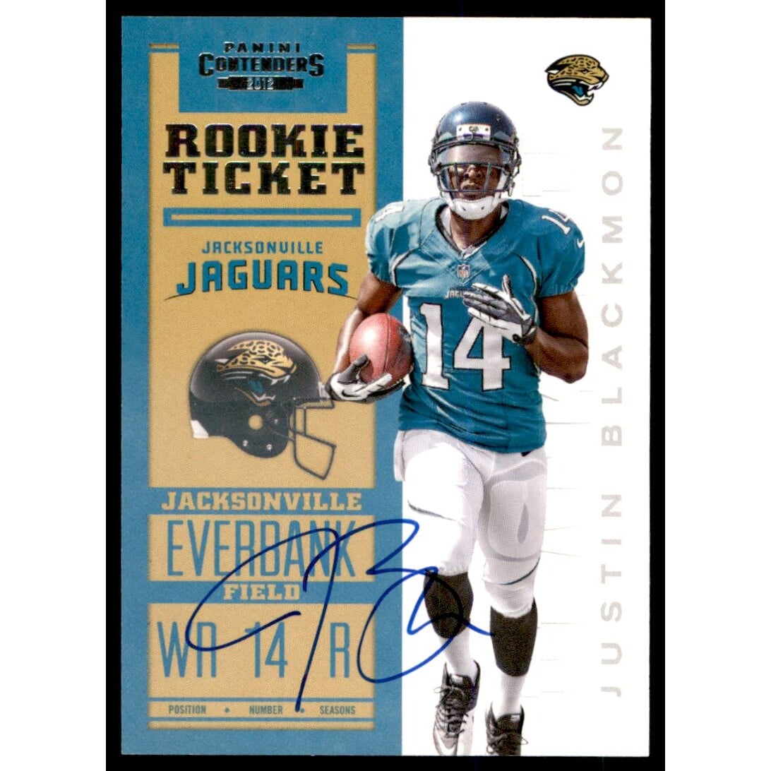 2012 Panini Contenders #205B Justin Blackmon AU SP/125*/(left arm at chest). rookie card picture