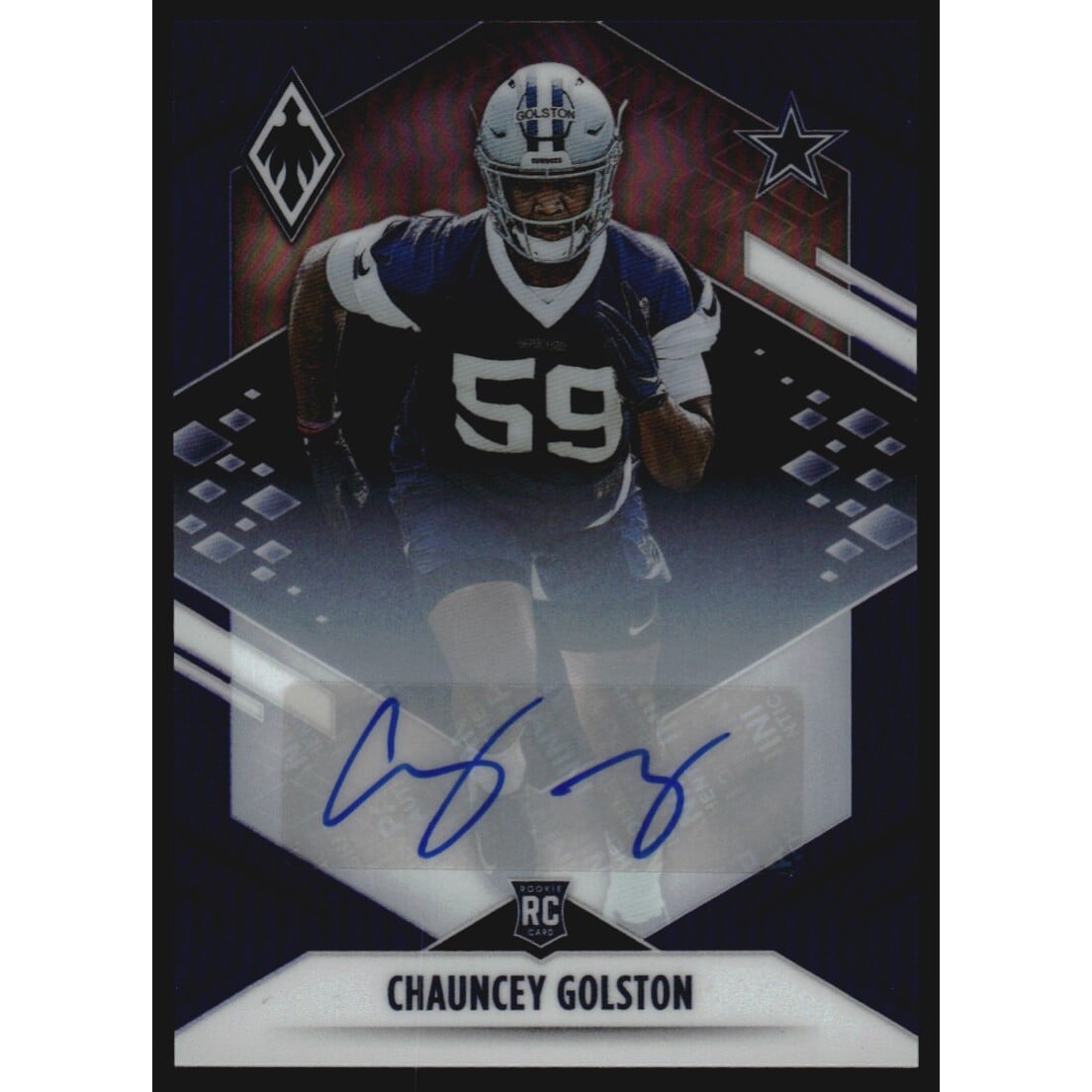 2021 Panini Phoenix Rookie Autographs Blue #185 Chauncey Golston/25. rookie card picture