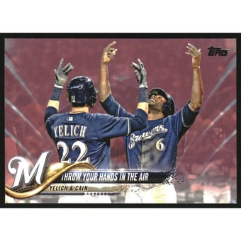 2018 Topps Update Mother's Day Pink #US65 Throw Your Hands Up in the Air/Christian Yelich/Lorenzo Cain