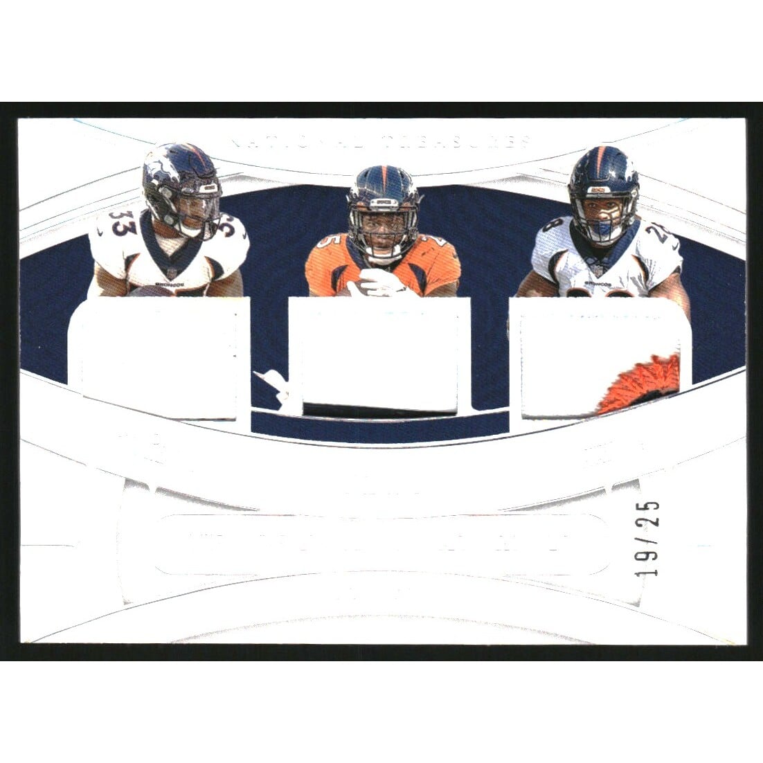 2021 Panini National Treasures NFL Gear Trio Materials Holo Silver #10 Jamaal Charles/Javonte Williams/Melvin Gordon III. rookie card picture