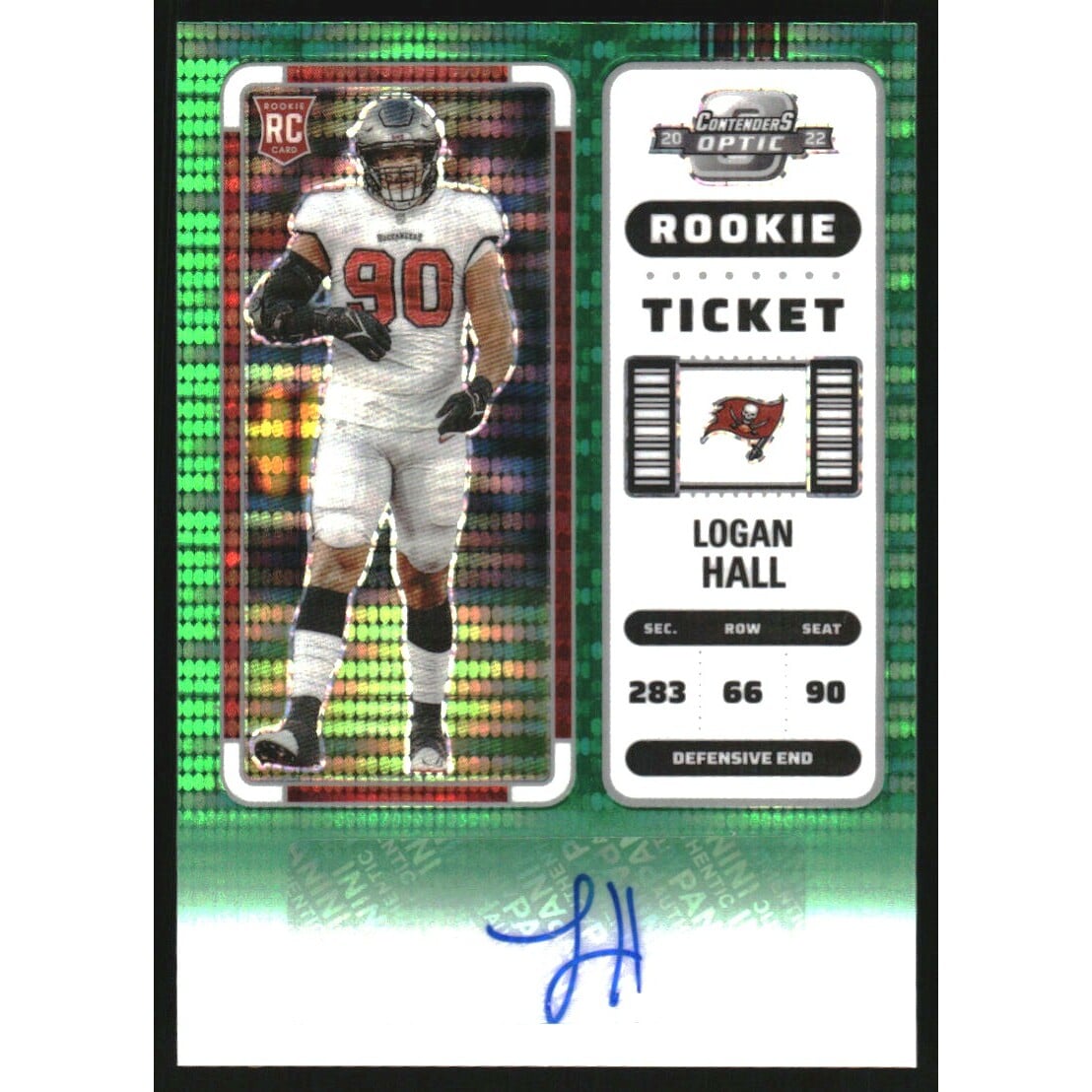 2022 Panini Contenders Optic Green Pulsar #186 Logan Hall AU/30. rookie card picture