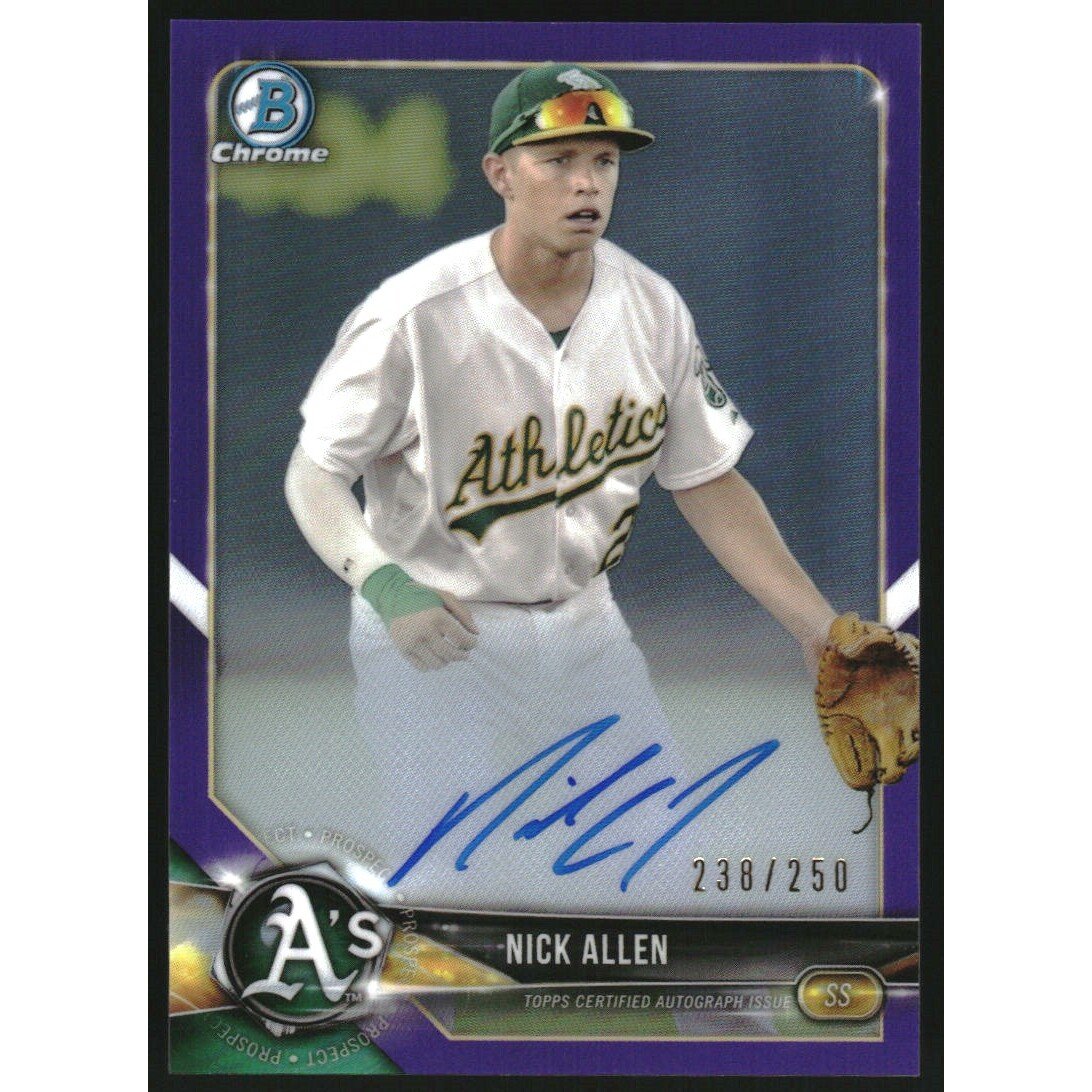 2018 Bowman Chrome Prospect Autographs Purple Refractors #BCPANA Nick Allen. rookie card picture