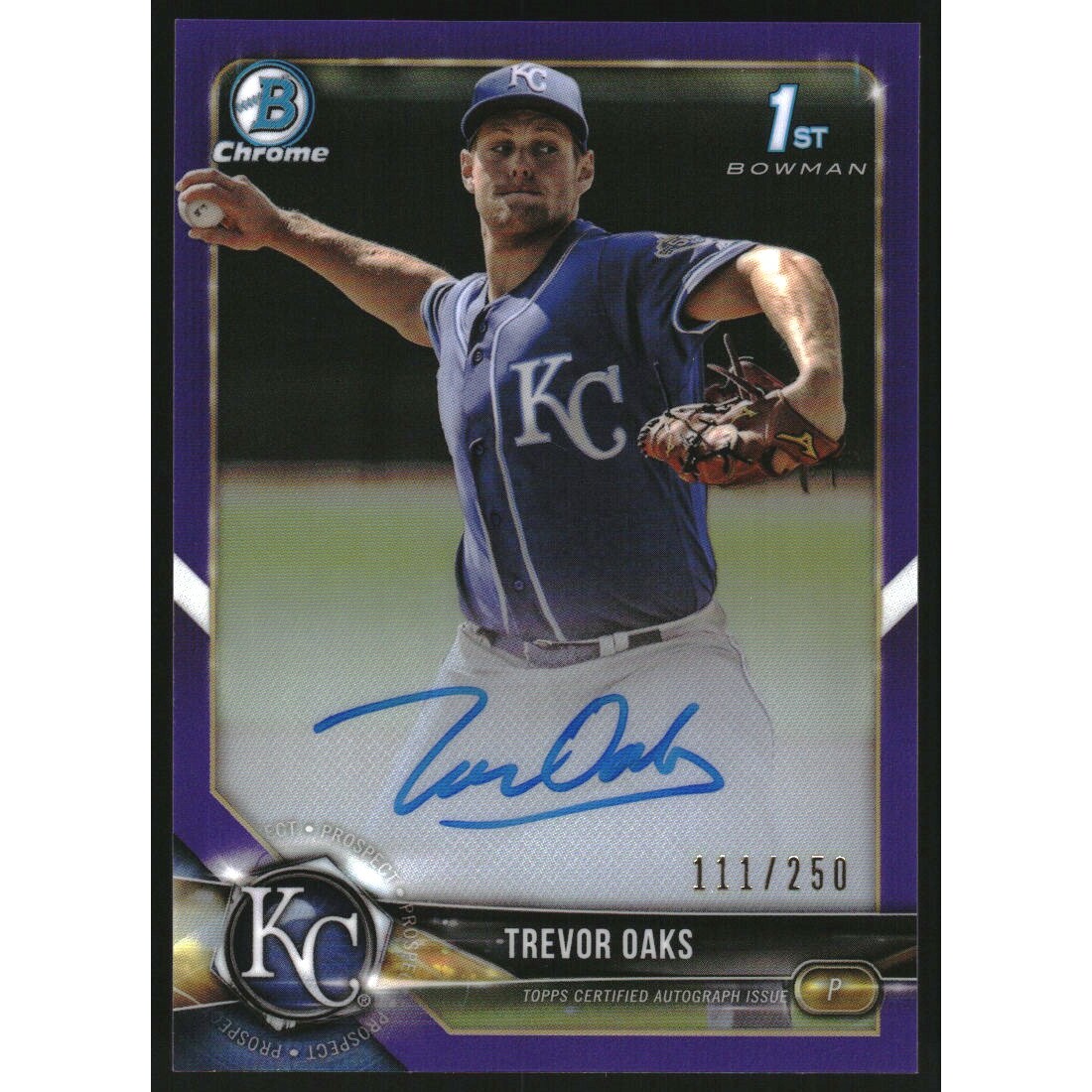 2018 Bowman Chrome Prospect Autographs Purple Refractors #BCPATO Trevor Oaks. rookie card picture