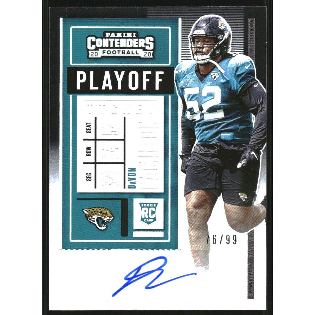 2020 Panini Contenders Playoff Ticket #247A Davon Hamilton AU/99. rookie card picture