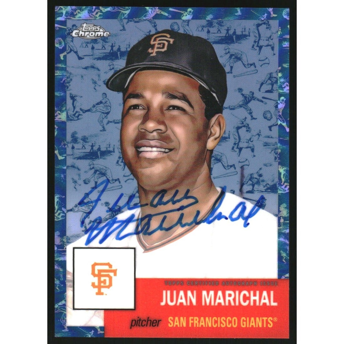 2022 Topps Chrome Platinum Anniversary Autographs Platinum Toile Cream Blue Refractors #CPAJM Juan Marichal. rookie card picture
