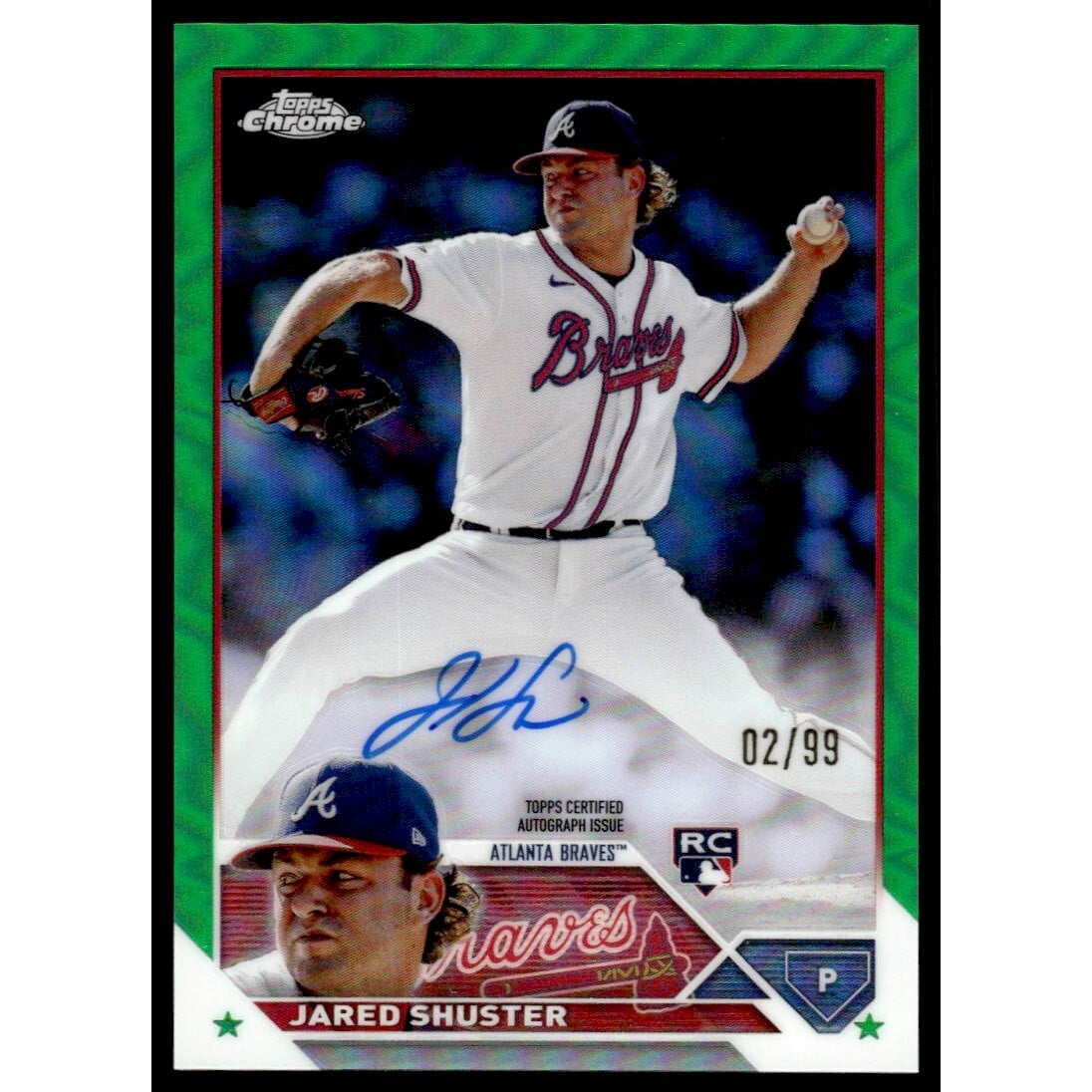 2023 Topps Chrome Rookie Autographs Green Refractors #RAJS Jared Shuster. rookie card picture