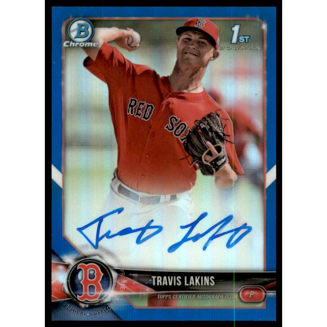 2018 Bowman Chrome Prospect Autographs Blue Refractors #CPATL Travis Lakins. rookie card picture