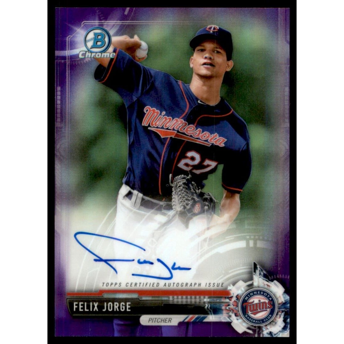2017 Bowman Chrome Prospect Autographs Purple Refractors #CPAFJ Felix Jorge. rookie card picture