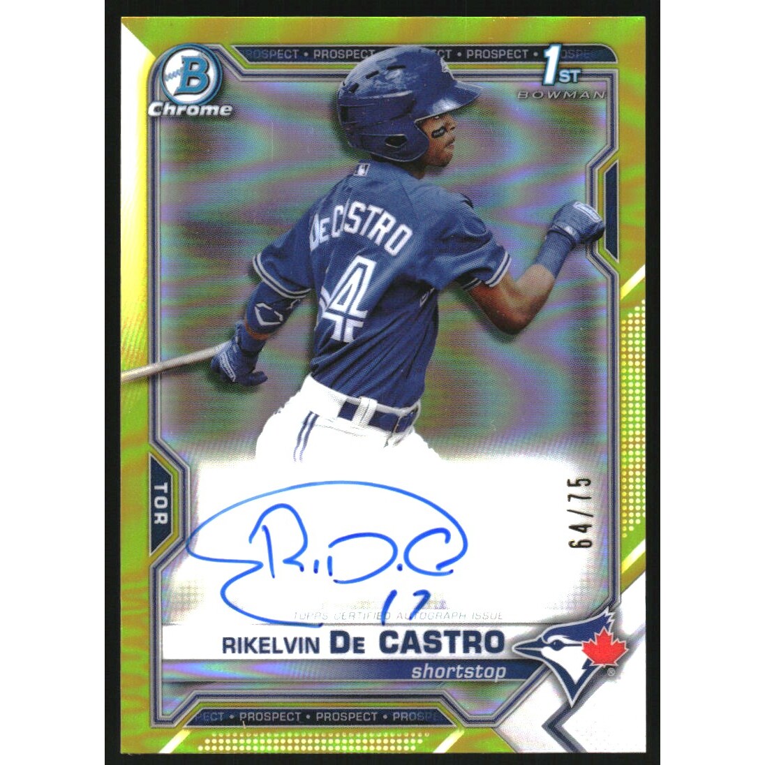 2021 Bowman Chrome Prospect Autographs Yellow Refractors #CPARDCA Rikelvin De Castro 2021 Bowman Chrome Prospect Autographs Yellow Refractors #CPARDCA Rikelvin De Castro