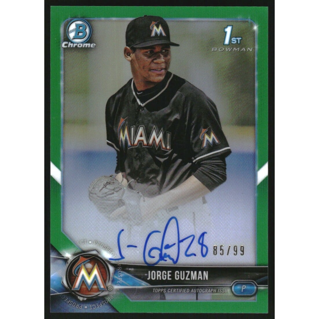 2018 Bowman Chrome Prospect Autographs Green Refractors #BCPAJG Jorge Guzman. rookie card picture