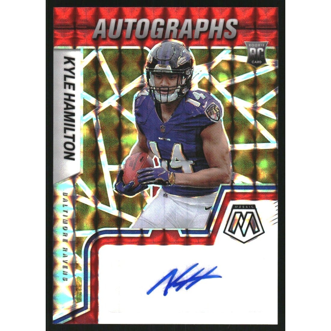 2022 Panini Mosaic Rookie Autographs Mosaic Choice Fusion Red and Yellow #32 Kyle Hamilton. rookie card picture