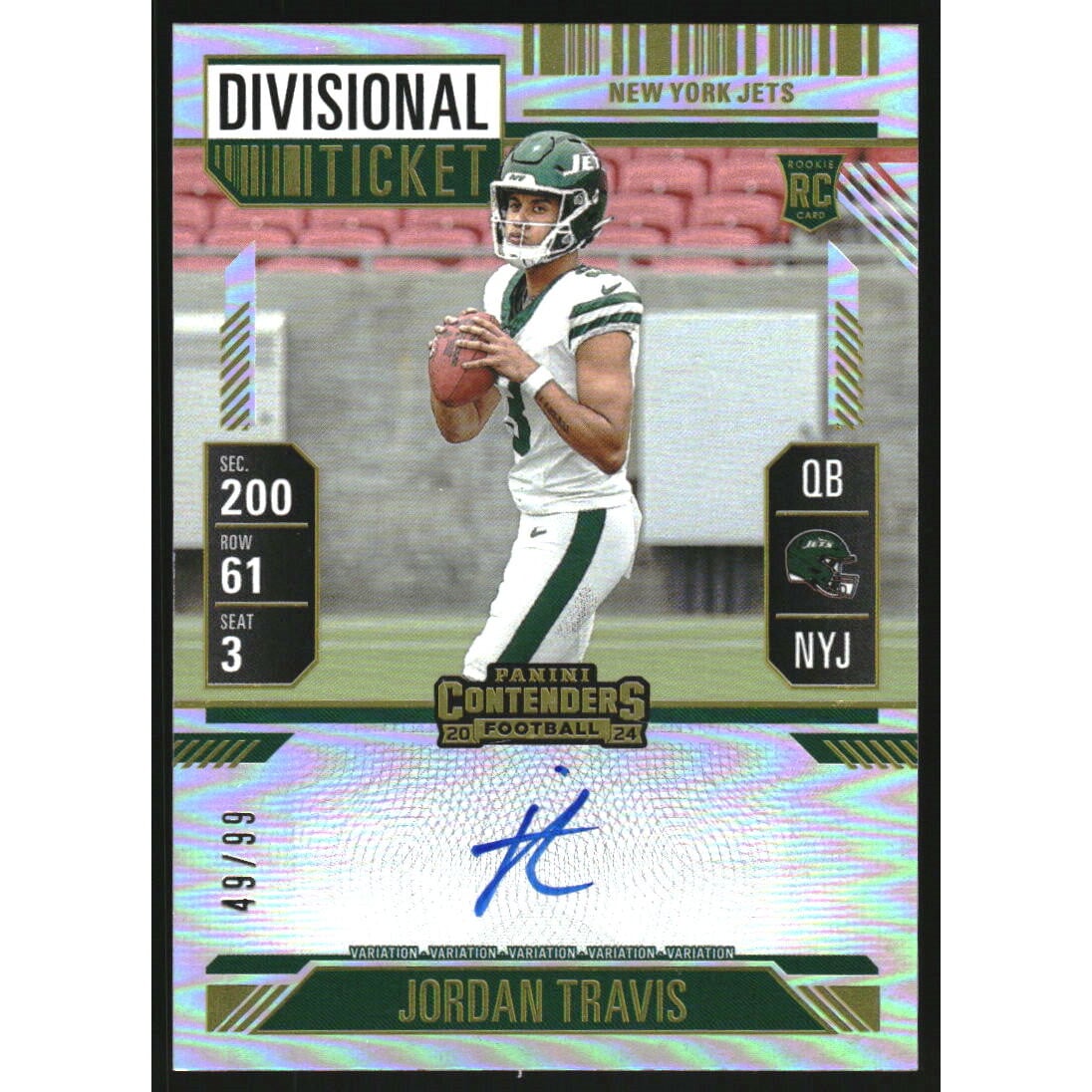 2024 Panini Contenders Variation Divisional Ticket #105 Jordan Travis. rookie card picture