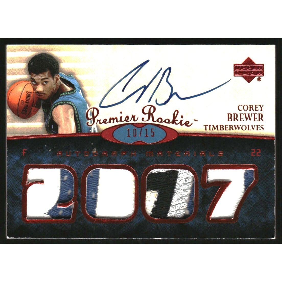 2007-08 Upper Deck Premier Rookies Autographs Jerseys Red #105 Corey Brewer. rookie card picture
