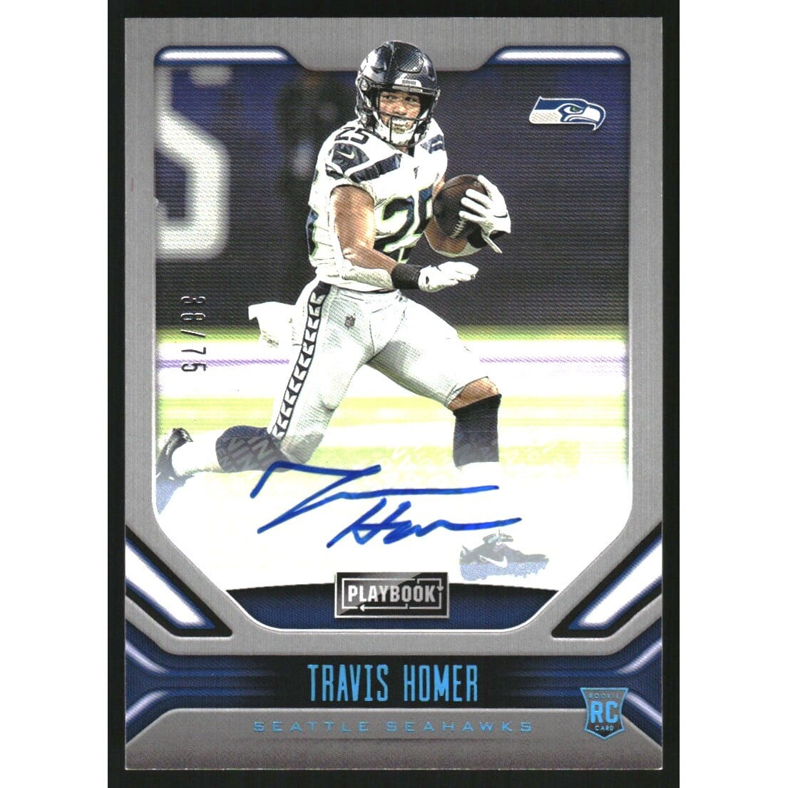 2019 Panini Playbook Rookie Signatures Platinum #155 Travis Homer/75. rookie card picture