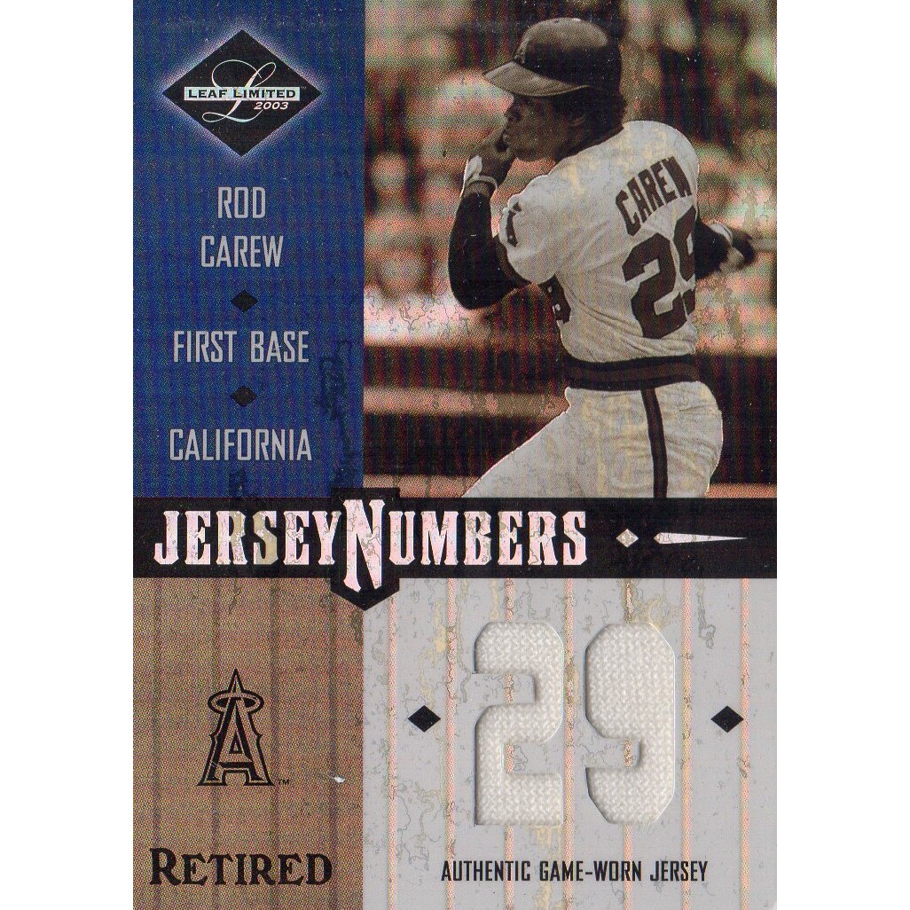 2003 Leaf Limited Jersey Numbers Retired #1 Rod Carew Angels/29 2003 Leaf Limited Jersey Numbers Retired #1 Rod Carew Angels/29