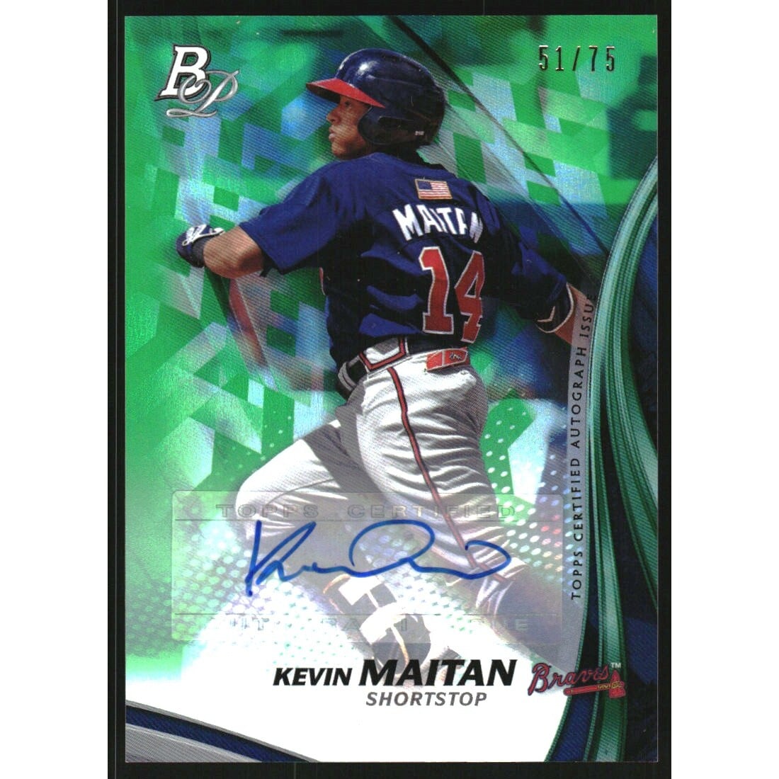 2017 Bowman Platinum Top Prospects Autographs Green #TPKM Kevin Maitan. rookie card picture