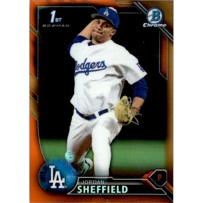 2016 Bowman Chrome Draft Orange Refractors #BDC97 Jordan Sheffield. rookie card picture