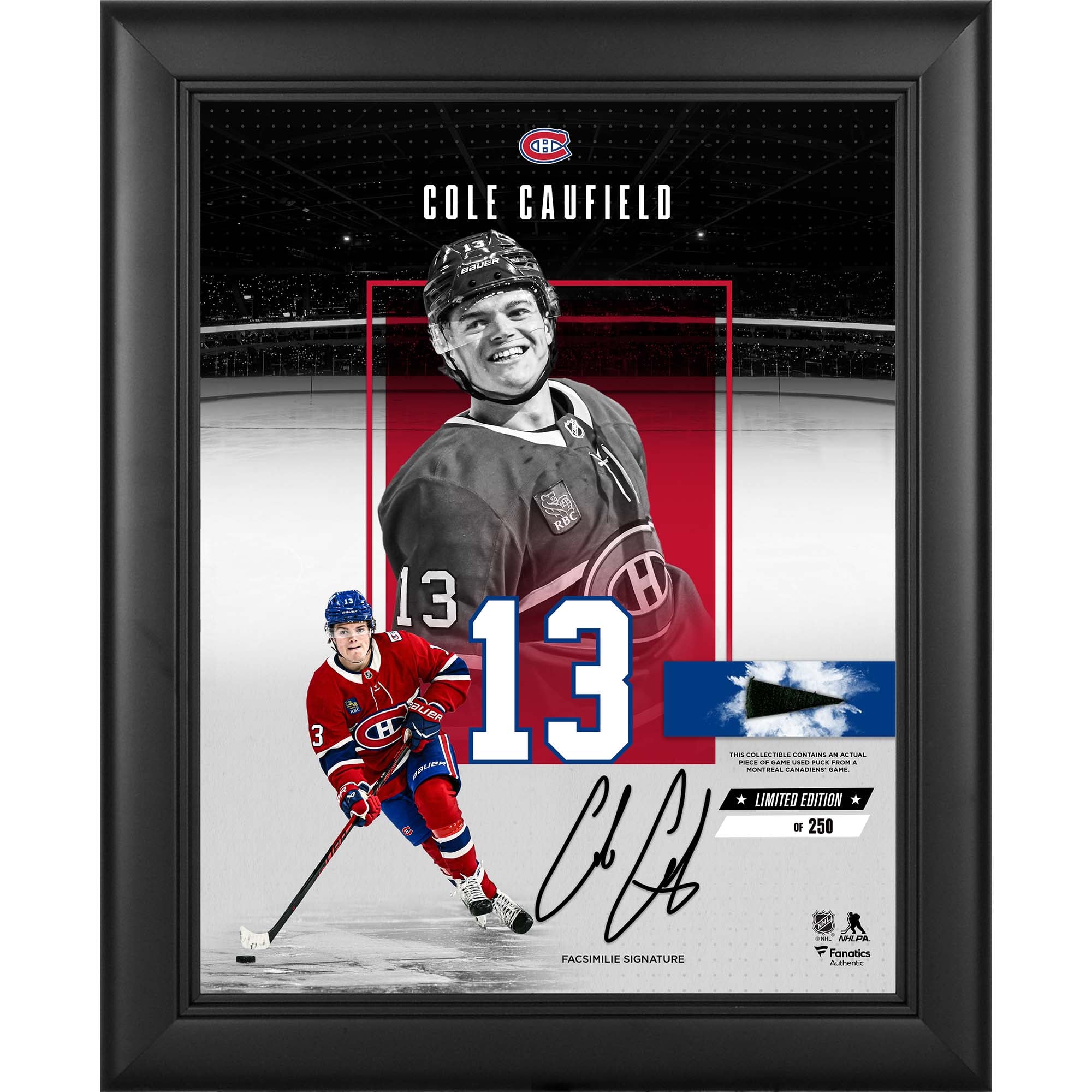 Cole Caufield Montreal Canadiens Facsimile Signature Framed 11" x 14" Showcase Collage with a Piece of Game-Used Puck - Limited Edition of 250