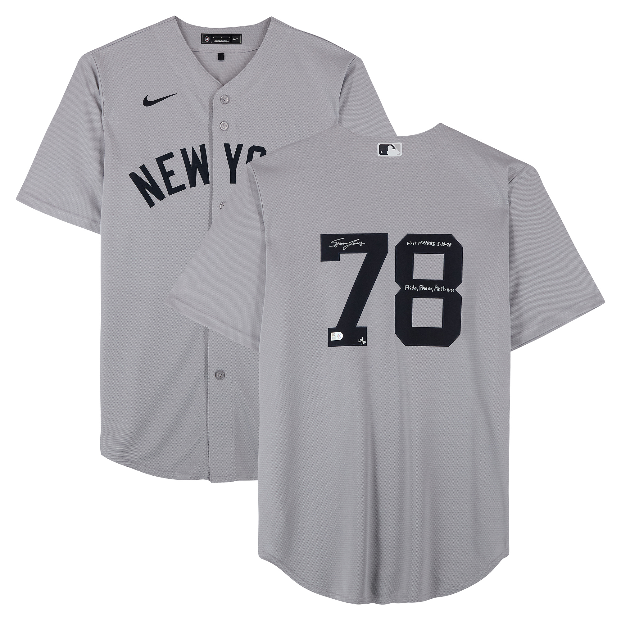 Spencer Jones New York Yankees Autographed Gray Nike Replica Jersey with Multiple Inscriptions - Limited Edition #10/10