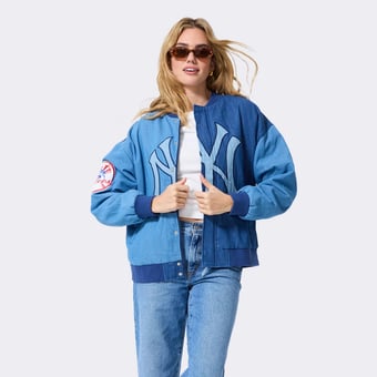 Women's Terez Blue New York Yankees Denim Blocked Bomber Jacket