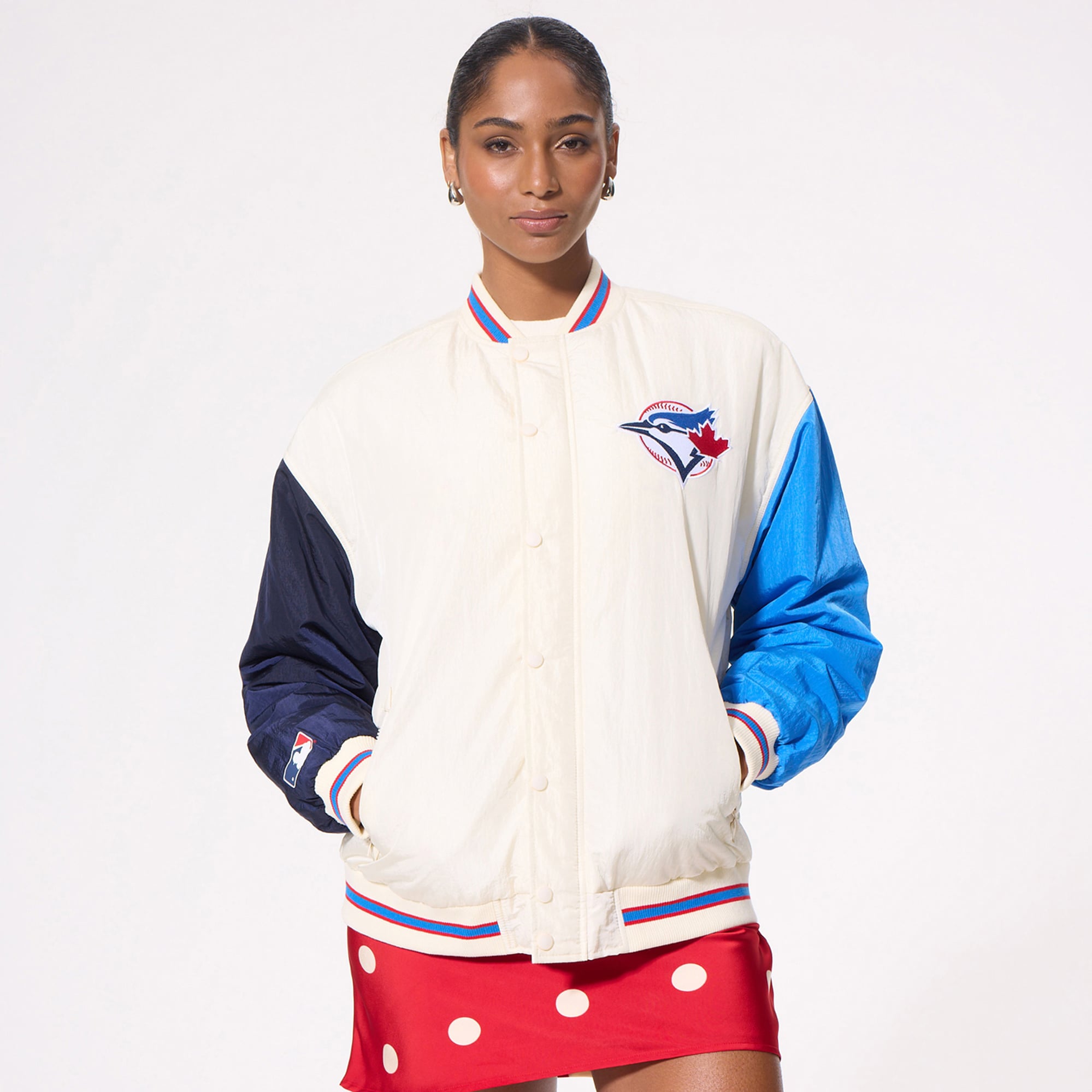 Women's Terez Cream Toronto Blue Jays Full-Zip Bomber Jacket