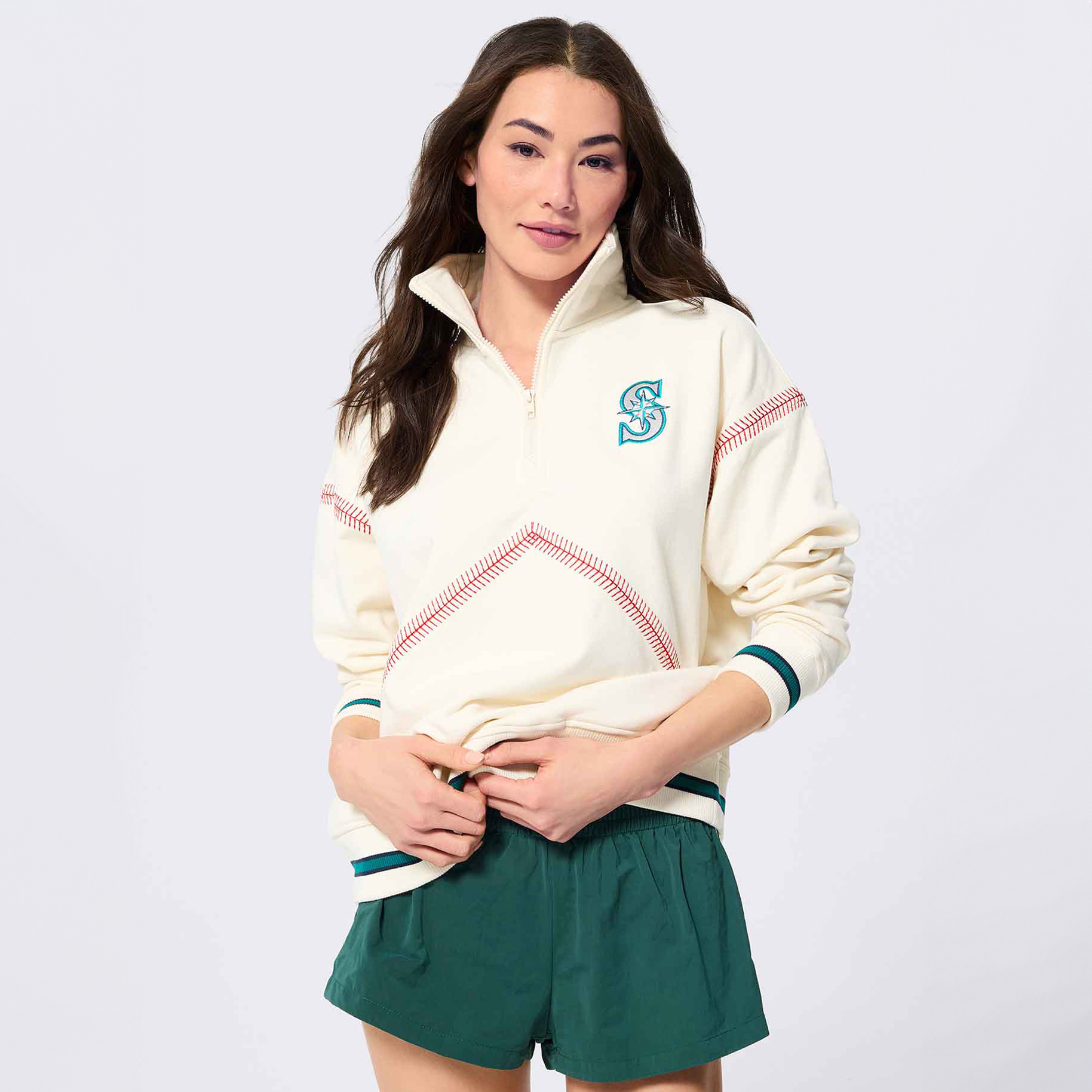 Women's Terez  Cream Seattle Mariners Baseball Stitch Quarter-Zip Pullover
