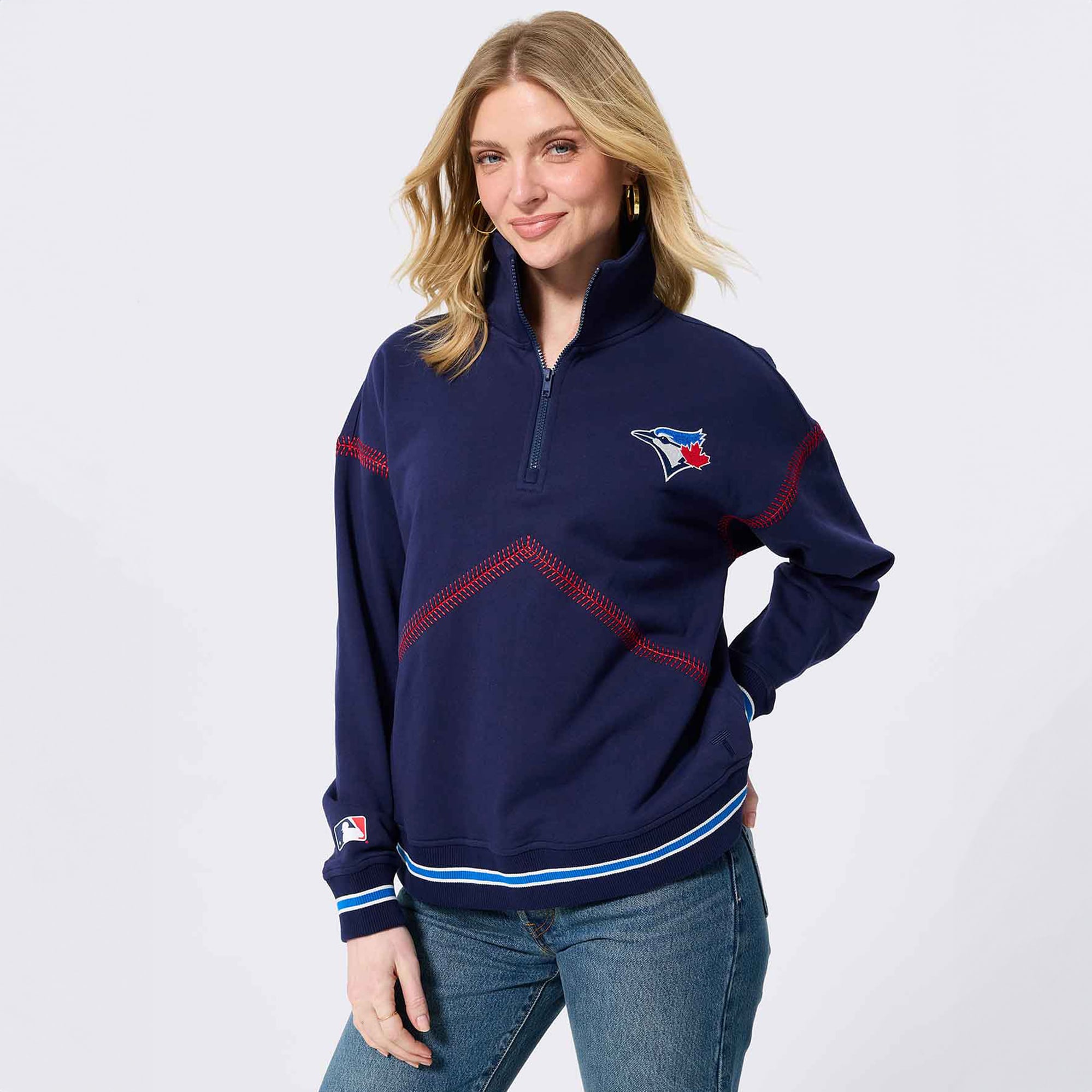 Women's Terez Navy Toronto Blue Jays Baseball Stitch Quarter-Zip Pullover
