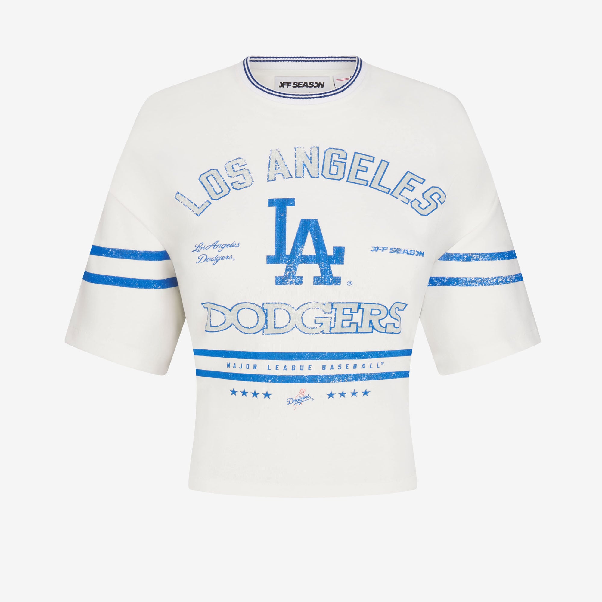 T-shirt da donna bianca dei Los Angeles Dodgers con allacciatura sul retro