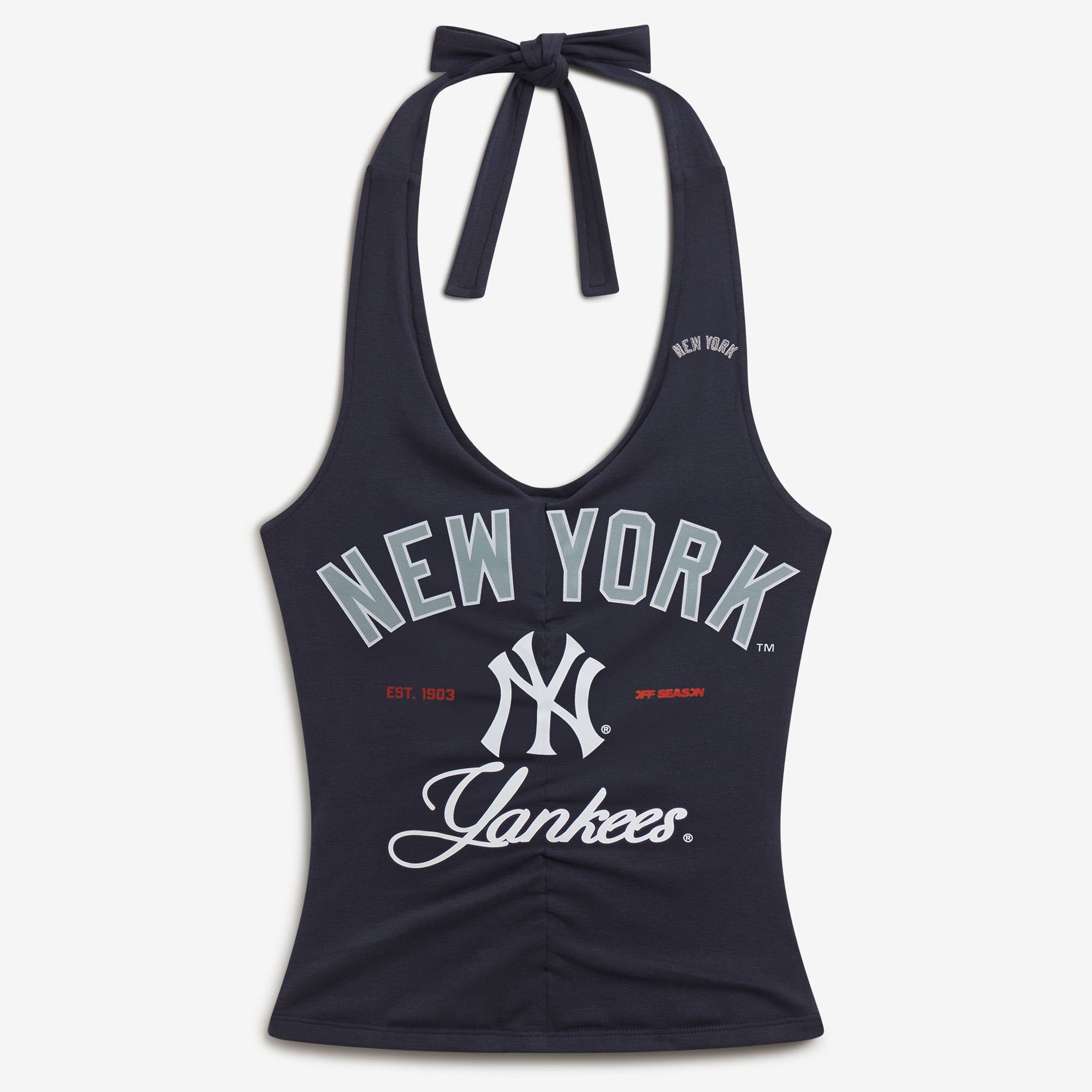 Top da donna blu navy con scollo all'americana e arricciature dei New York Yankees