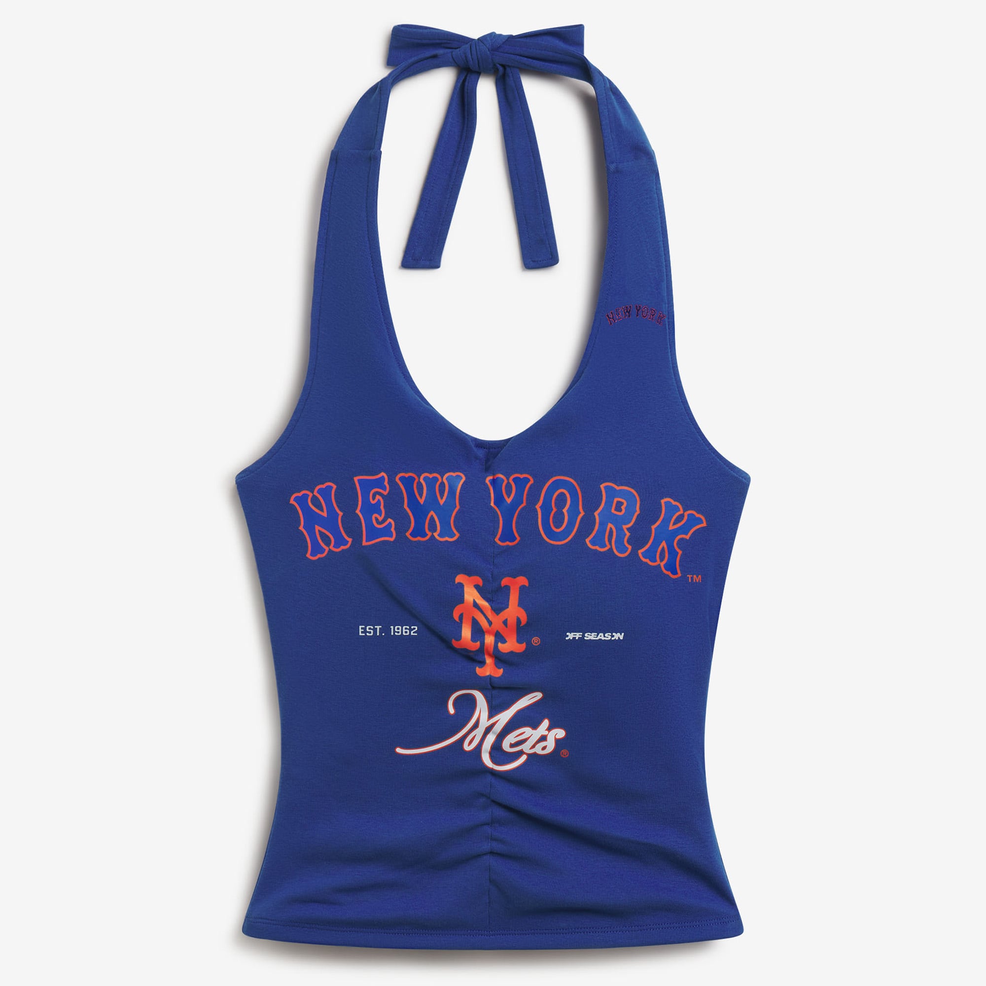 Top da donna Royal New York Mets con scollo all'americana e arricciature
