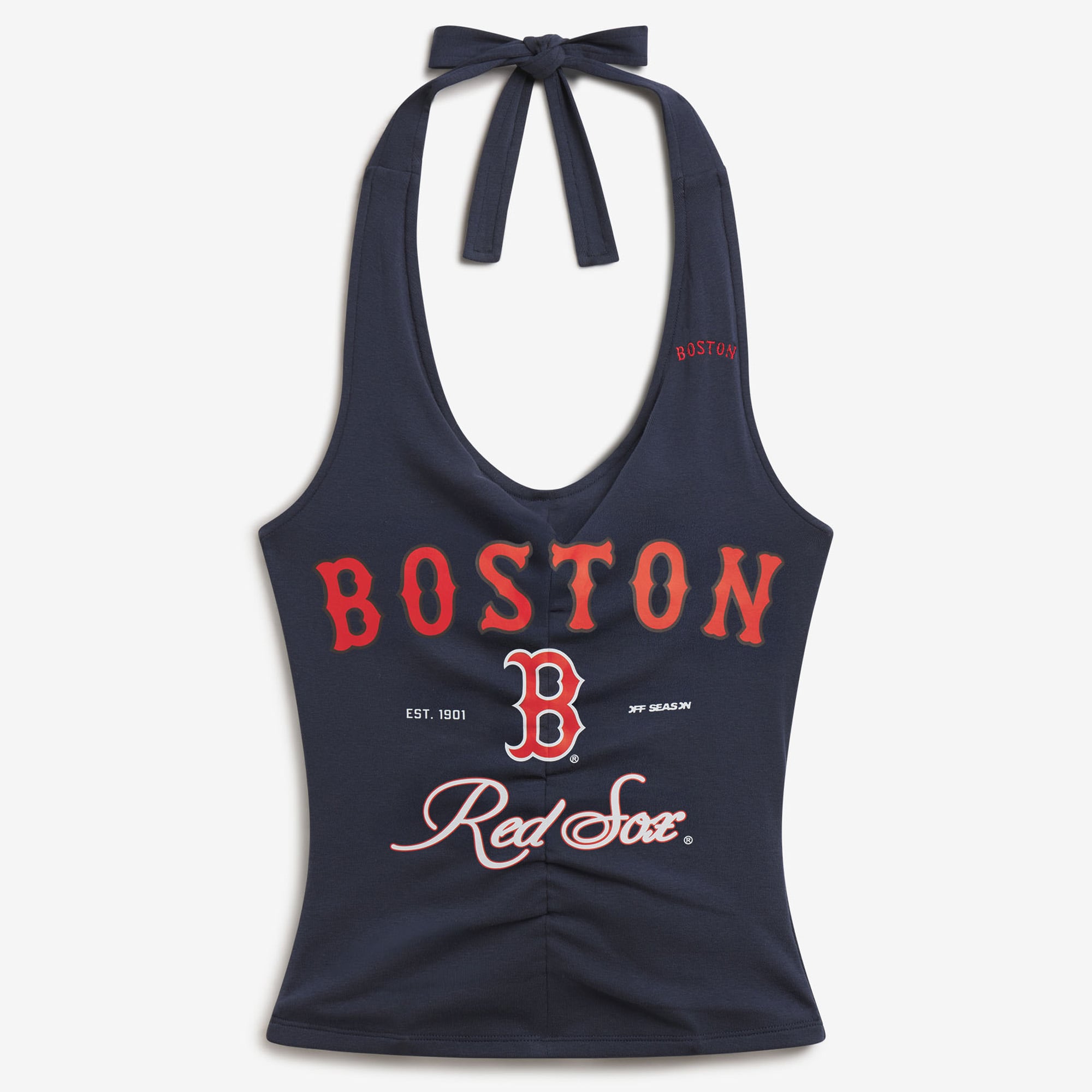Top da donna blu navy con arricciature e scollo all'americana dei Boston Red Sox