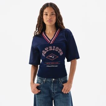 Women's Navy New England Patriots Lace-Back V-Neck T-Shirt
