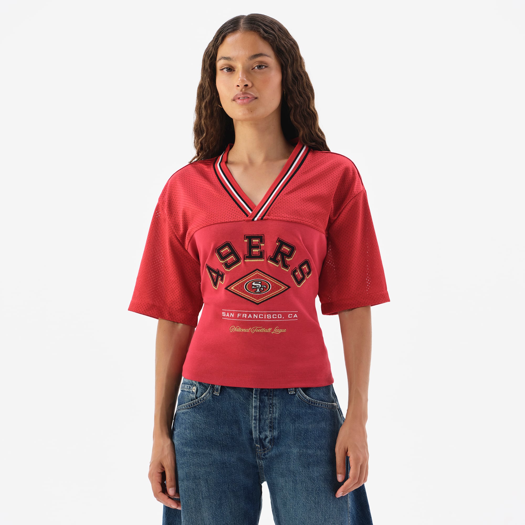T-shirt à col en V et dos lacé écarlate pour femme des 49ers de San Francisco