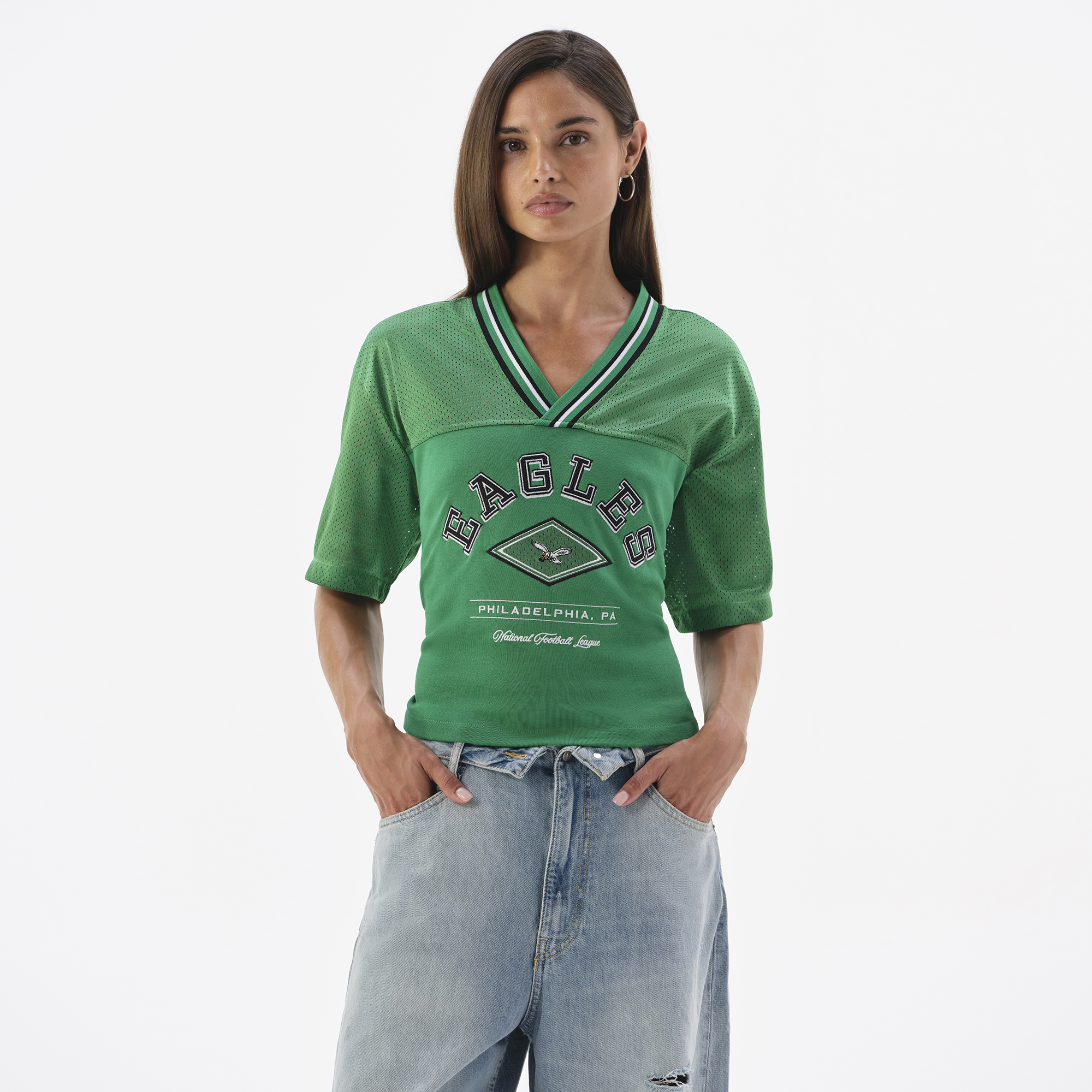 Women's Kelly Green Philadelphia Eagles Lace-Back V-Neck T-Shirt