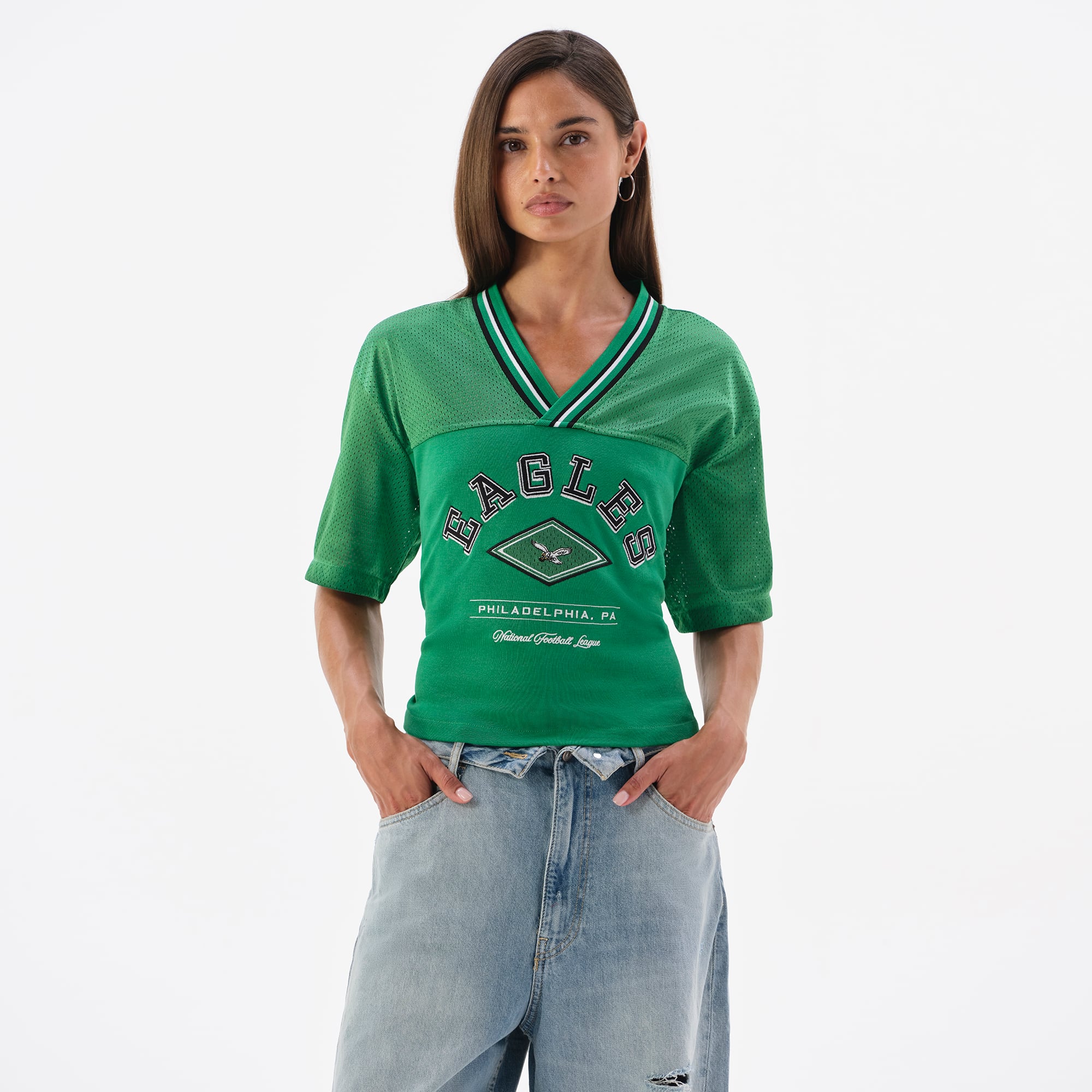 Women's Kelly Green Philadelphia Eagles Lace-Back V-Neck T-Shirt