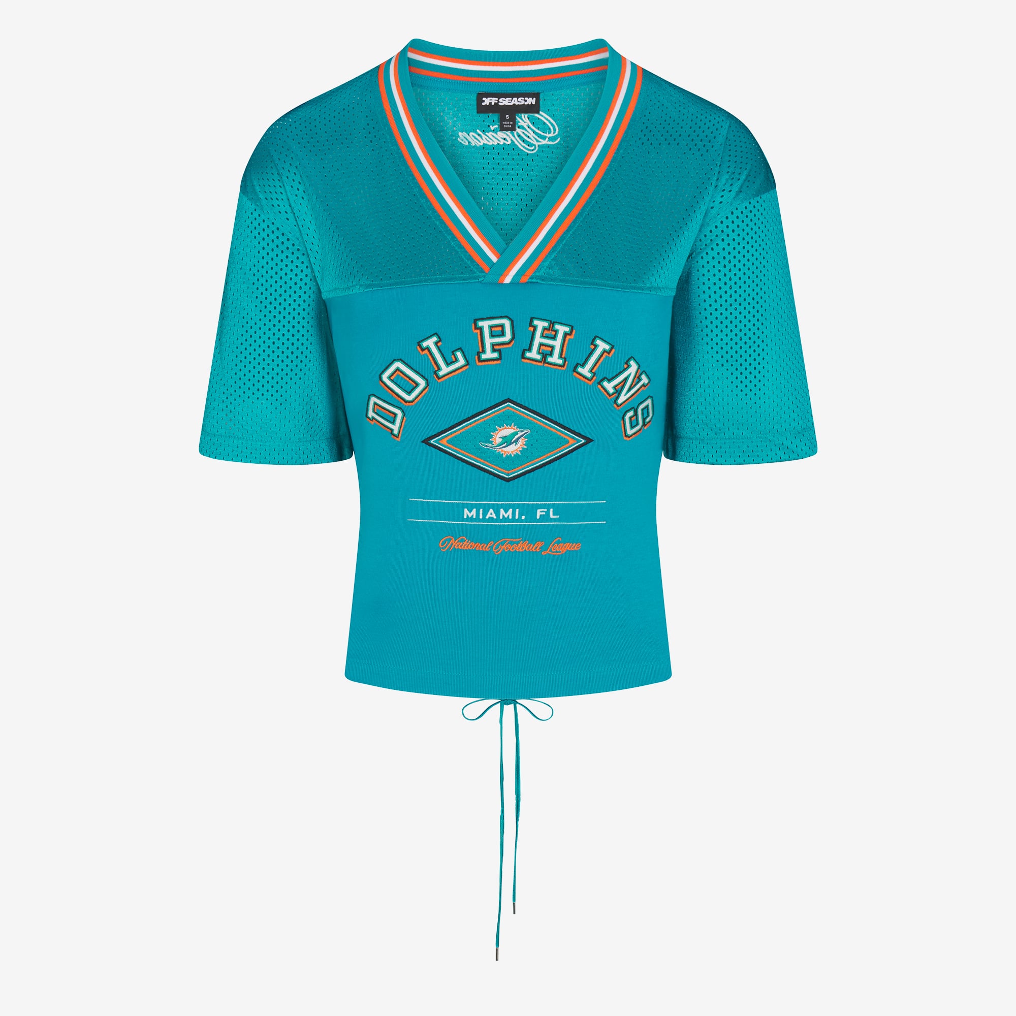 T-shirt à col en V et dos en dentelle pour femme, motif Miami Dolphins, couleur turquoise
