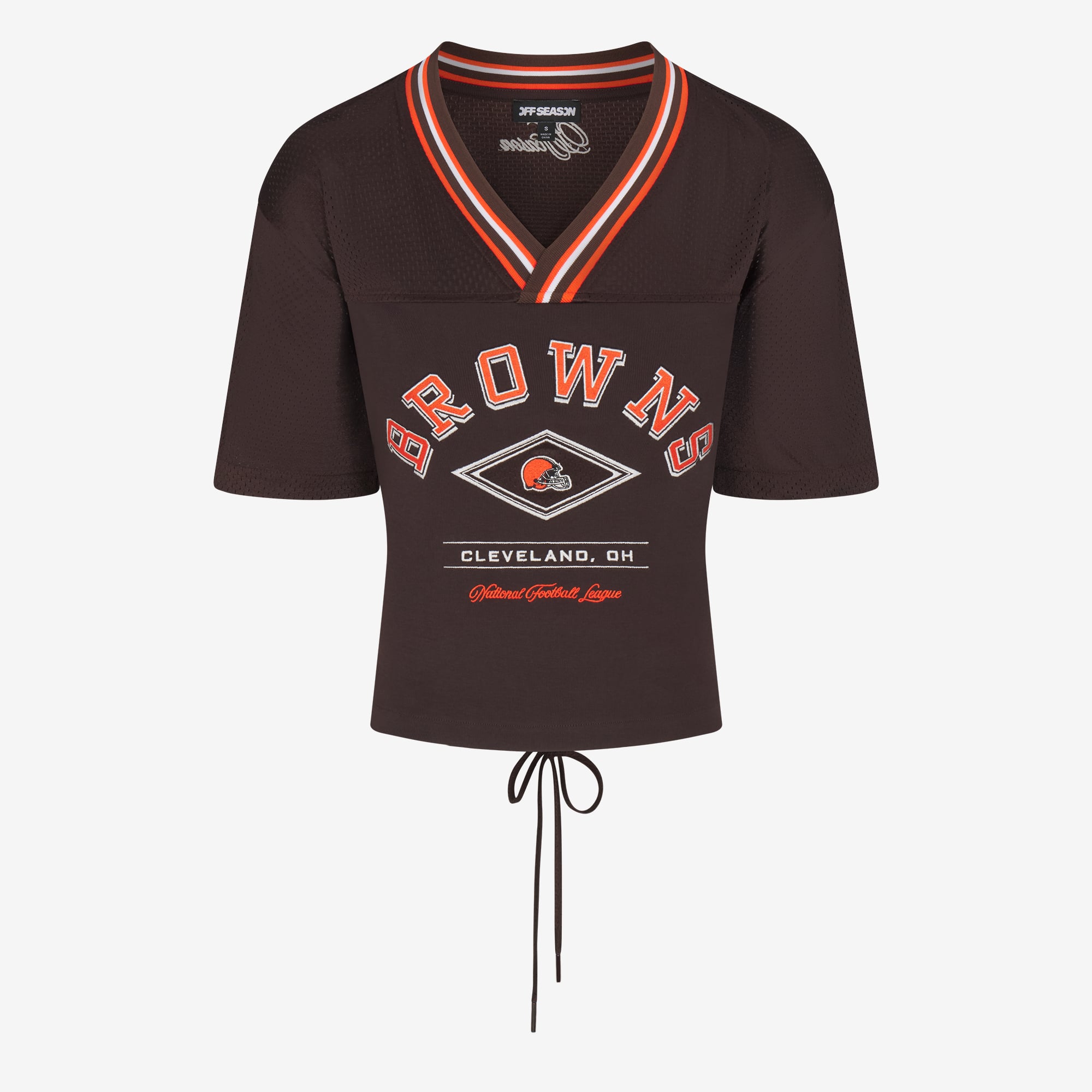 T-shirt marron Cleveland Browns pour femme, col en V et dos en dentelle