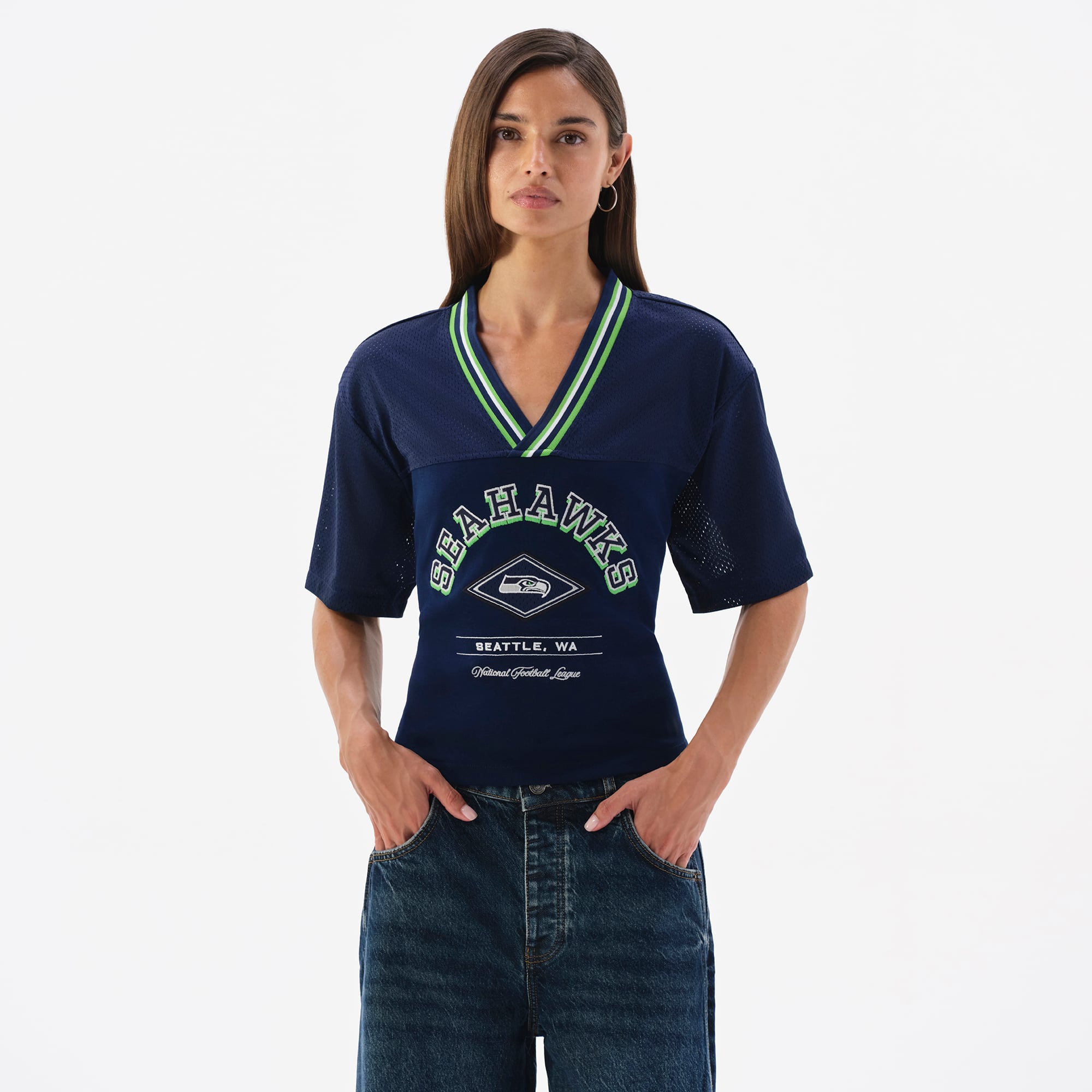 T-shirt à col en V et dos en dentelle pour femme, style universitaire, Seattle Seahawks, bleu marine