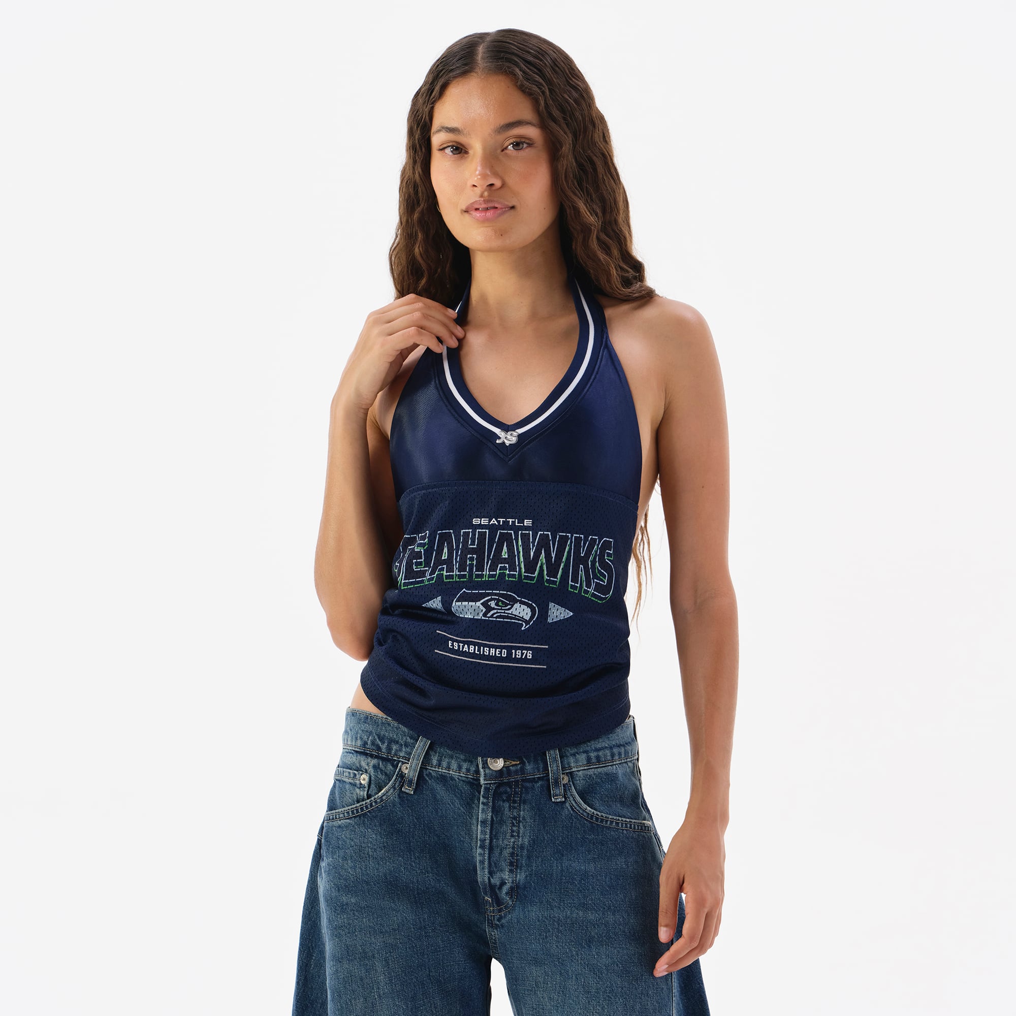 Top halter azul marino de la camiseta universitaria femenina de los Seattle Seahawks